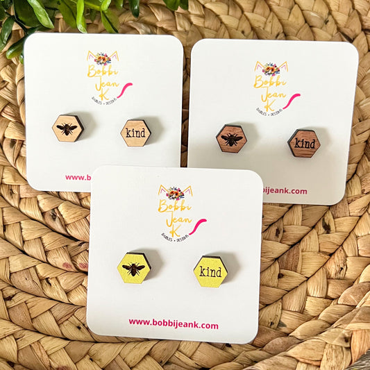 SALE: Bee Kind Wood Studs: Choose From 3 Wood Options - DESIGN BEING DISCONTINUED (Was $8)