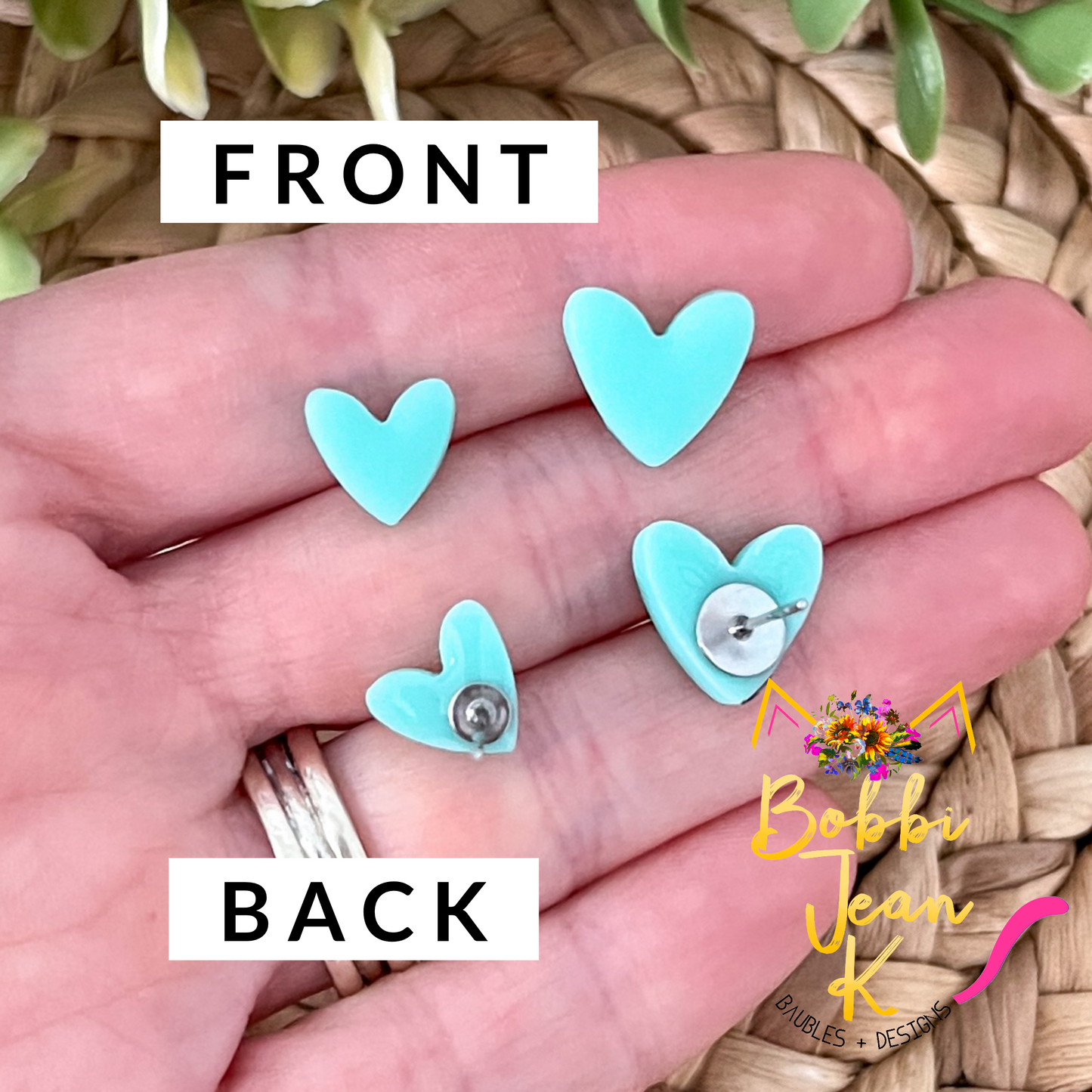 Mint Green Clay Heart Studs: Choose 12mm or 8mm Size Options - LAST CHANCE
