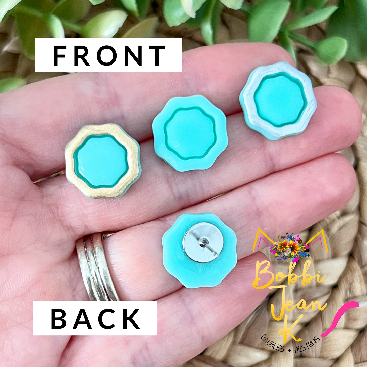 SALE: Mint Green "Piped" Octagon Clay Studs: Choose Solid, Silver, or Gold Rimmed - LAST CHANCE