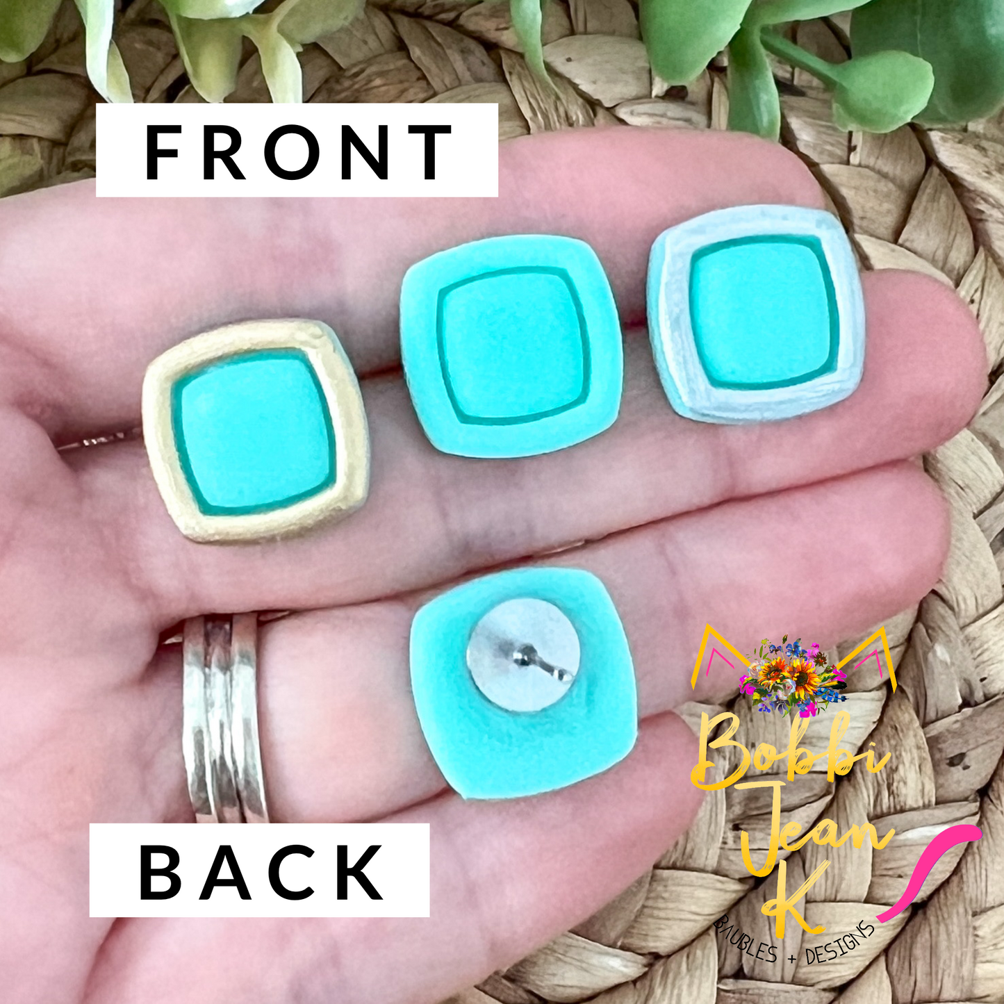 SALE: Mint Green "Piped" Square Clay Studs: Choose Solid, Silver, or Gold Rimmed - LAST CHANCE