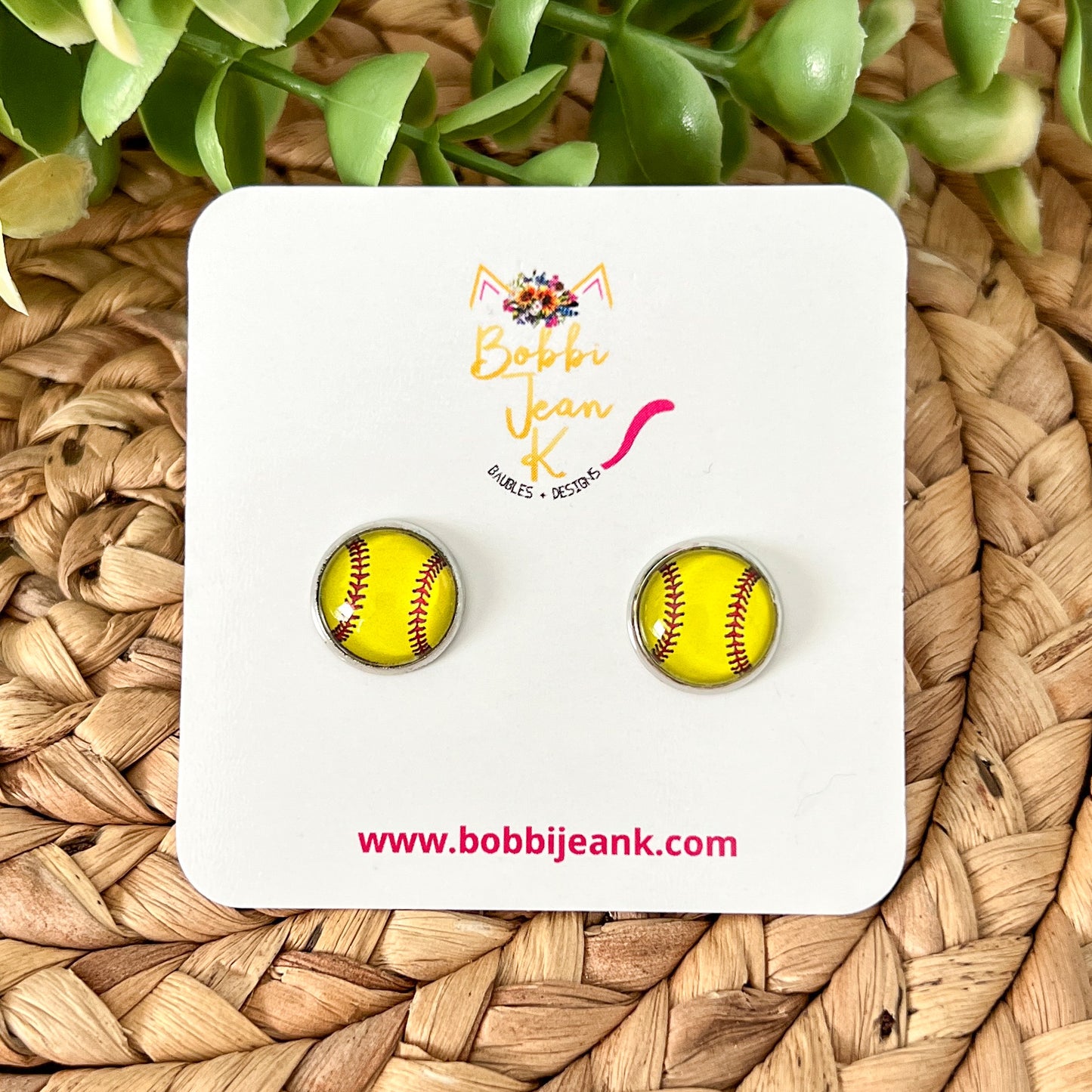 Bright Yellow Softball Glass Studs 12mm: Choose Silver or Gold Settings - ONLY ONE LEFT