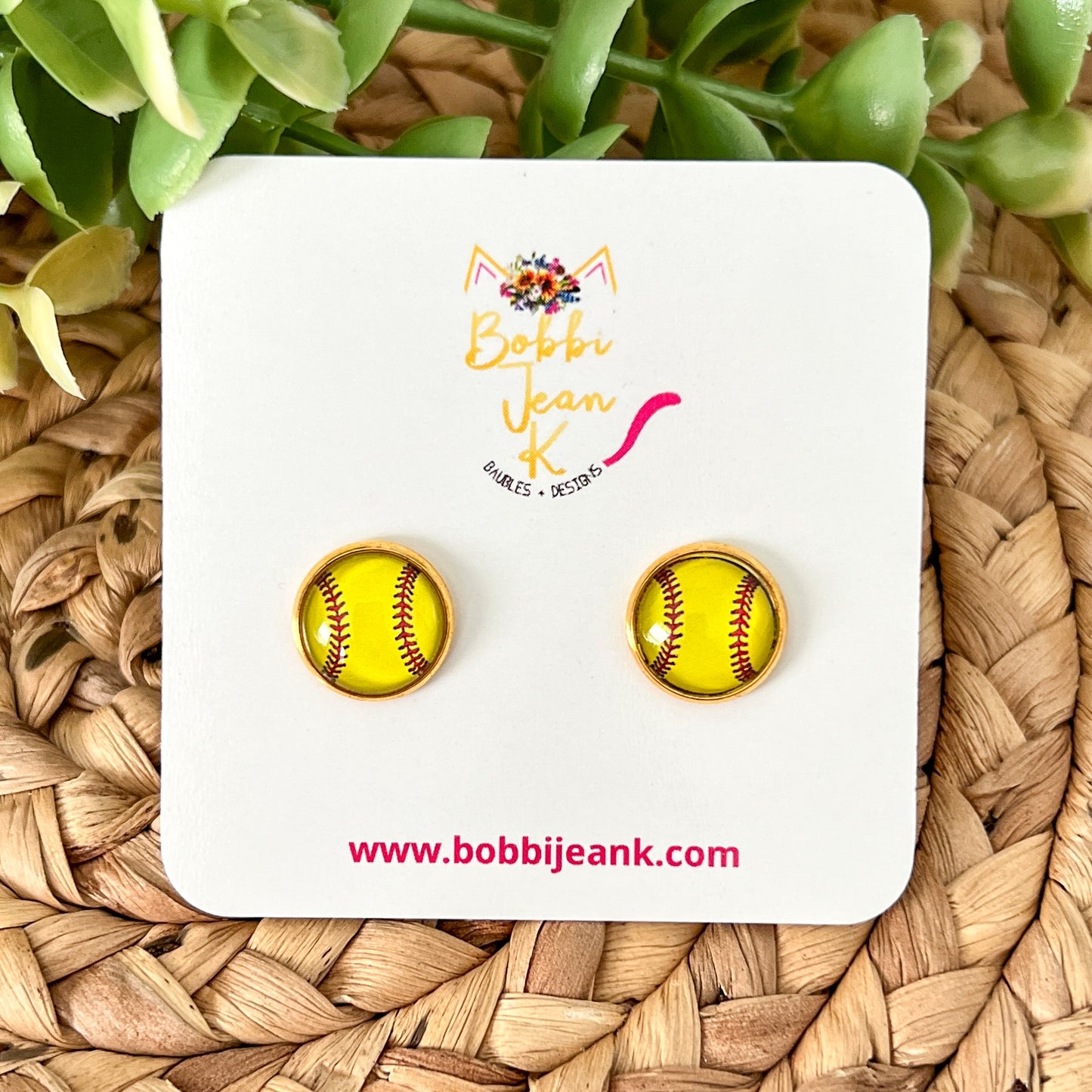 Bright Yellow Softball Glass Studs 12mm: Choose Silver or Gold Settings - ONLY ONE LEFT