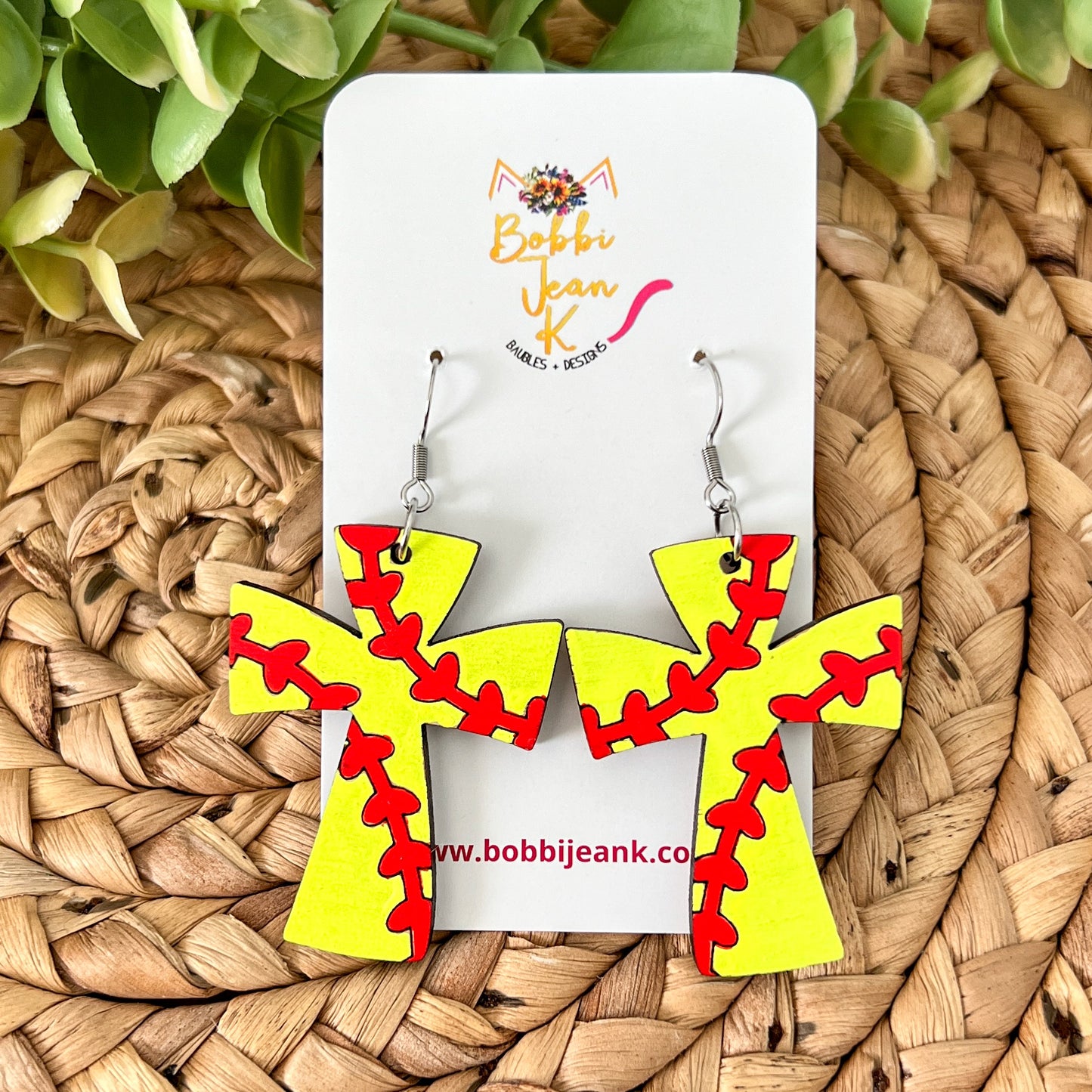 SALE: Hand Painted Softball Cross Wood Earrings - ONLY ONE LEFT