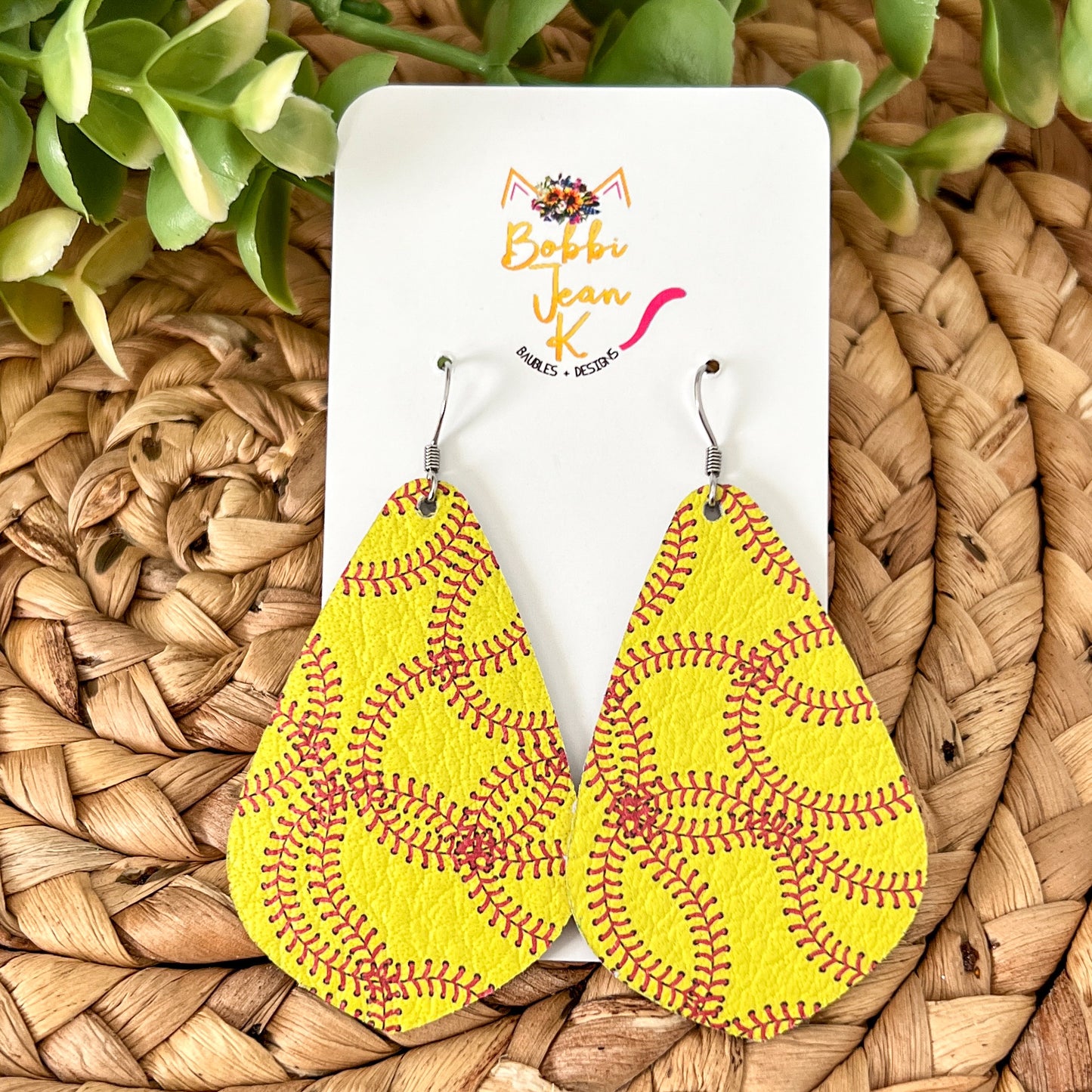 SALE: Softball Pointed Leather Teardrop Earrings - LAST CHANCE