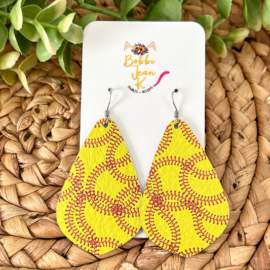 SALE: Softball Pointed Leather Teardrop Earrings - LAST CHANCE