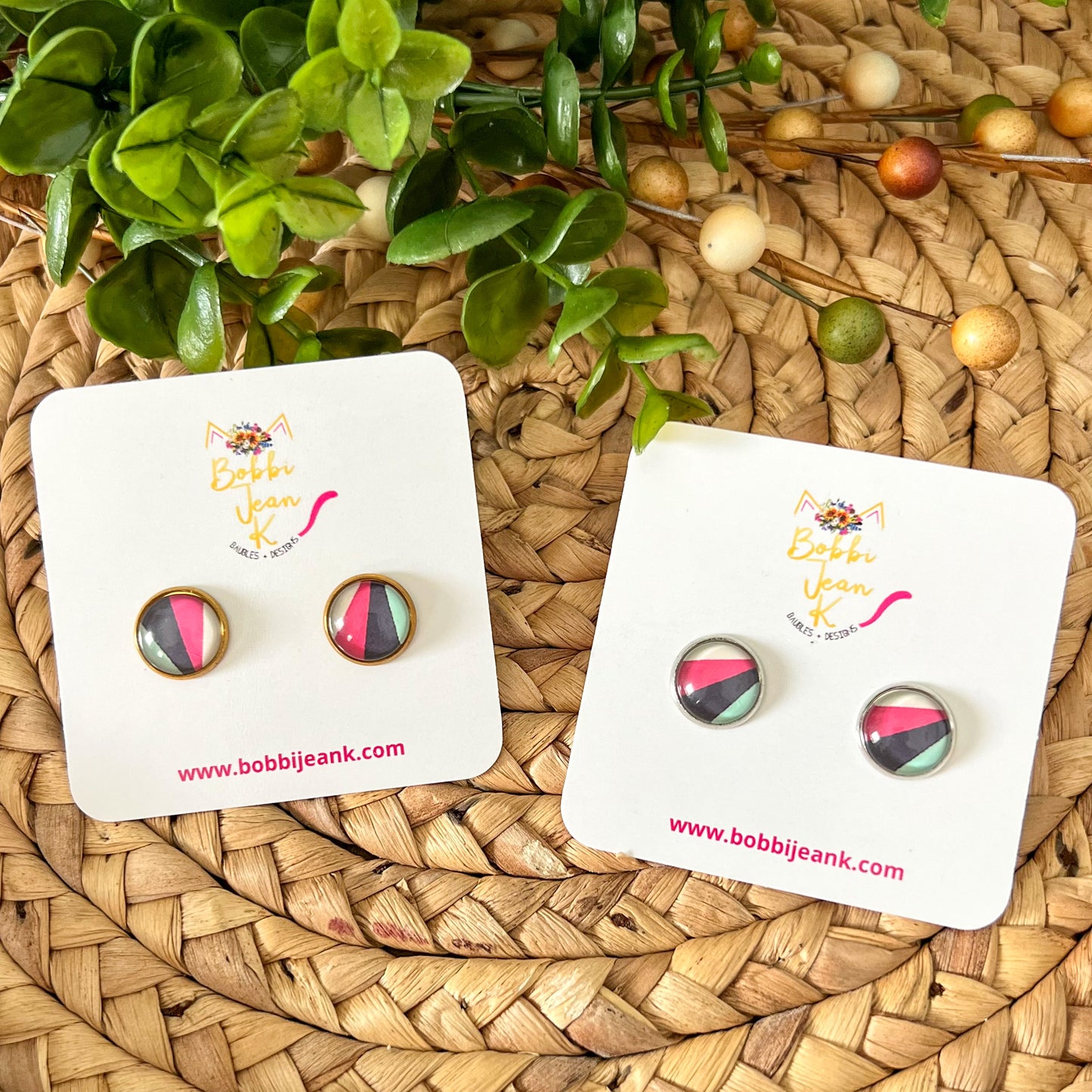 SALE: Abstract Stripes Glass Studs 12mm: Choose Silver or Gold Settings - ONLY 2 LEFT