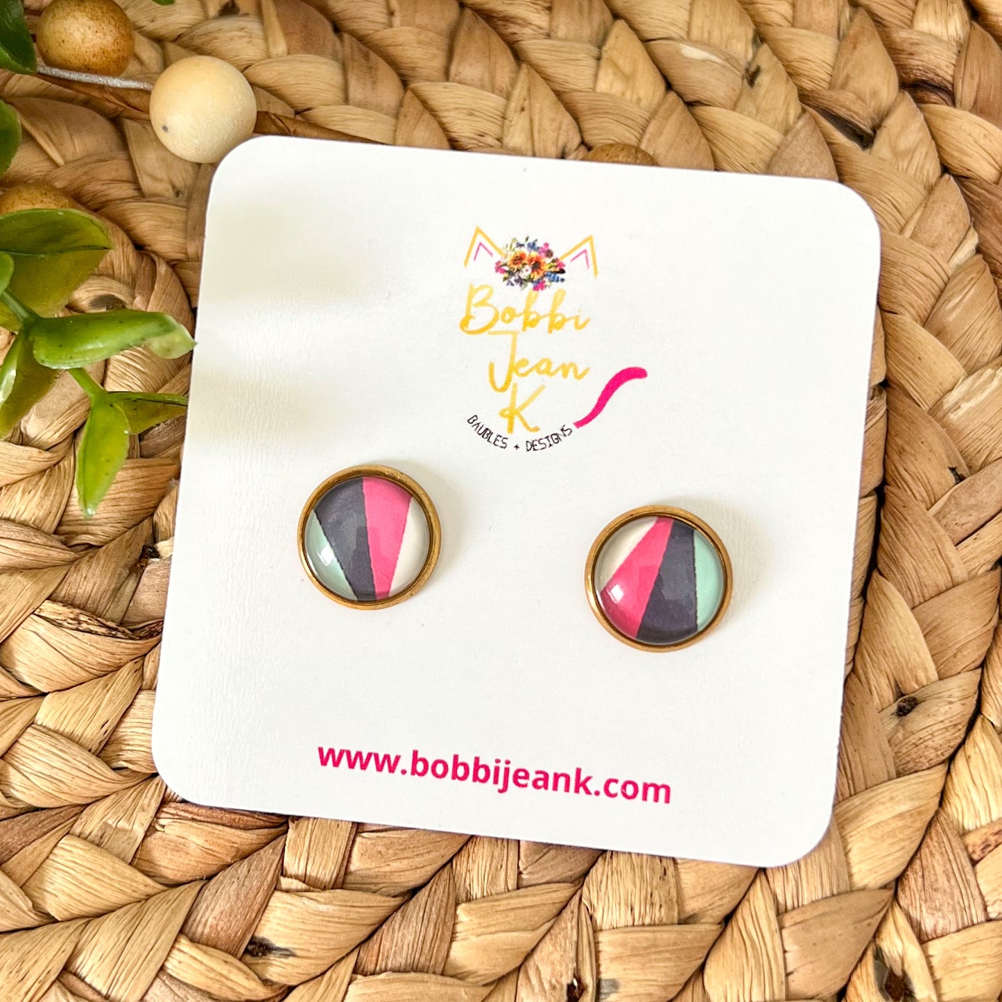 SALE: Abstract Stripes Glass Studs 12mm: Choose Silver or Gold Settings - ONLY 2 LEFT