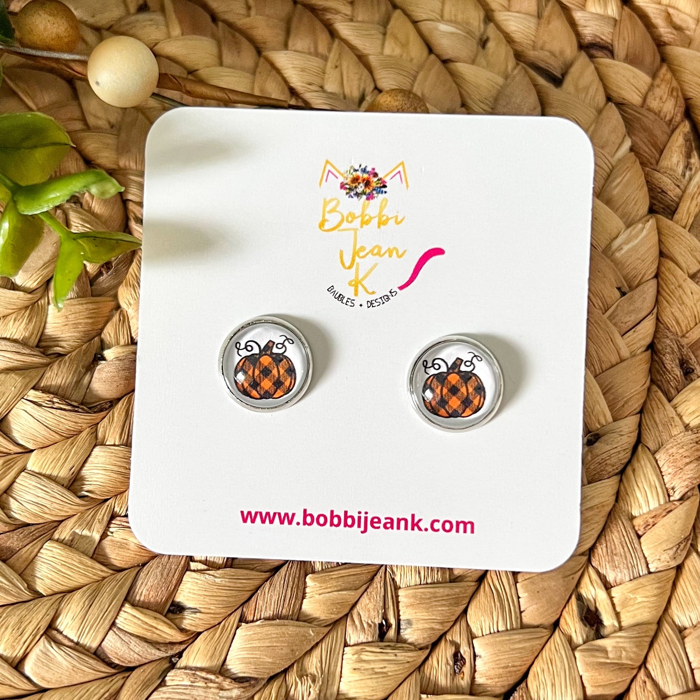 Plaid Pumpkin Glass Studs 12mm: Choose Silver or Gold Settings - ONLY ONE LEFT