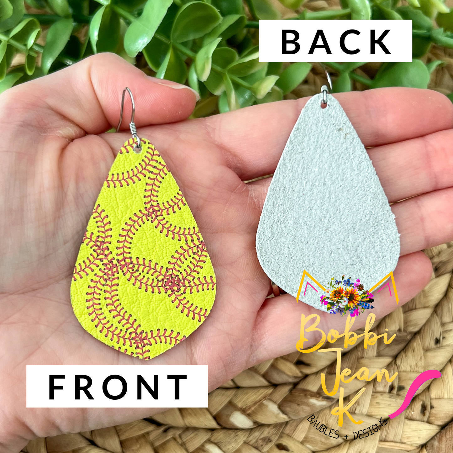 SALE: Softball Pointed Leather Teardrop Earrings - LAST CHANCE