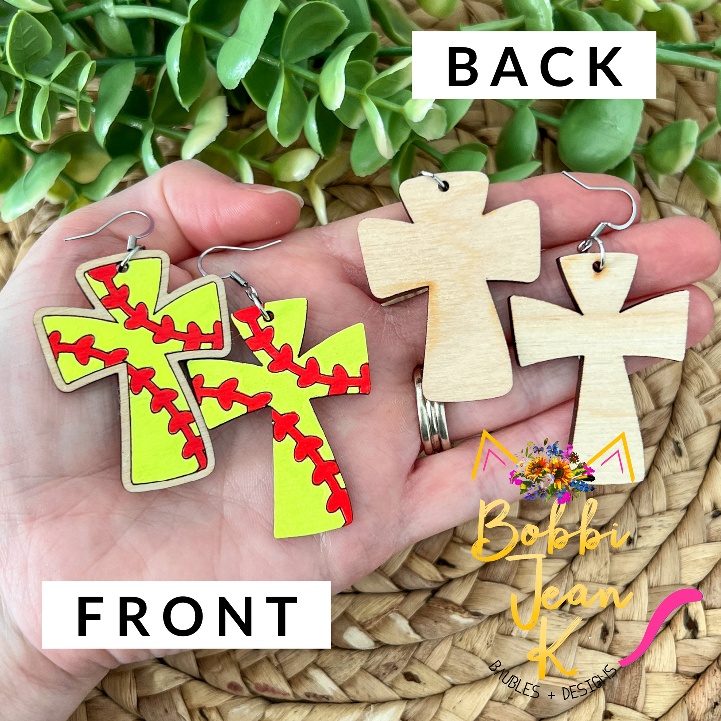 SALE: Hand Painted Softball Cross Wood Earrings - ONLY ONE LEFT