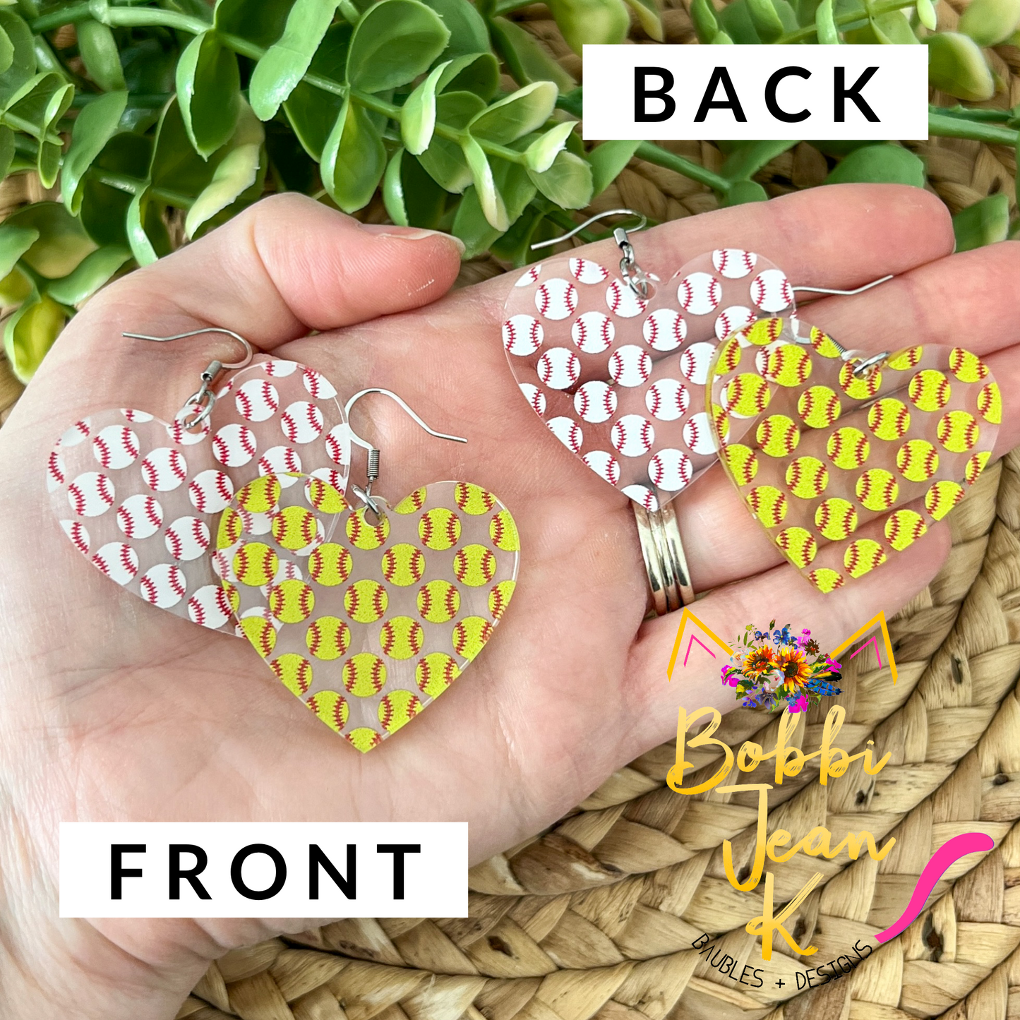SALE: Baseball & Softball Acrylic Heart Earrings. - LAST CHANCE (WAS $14)
