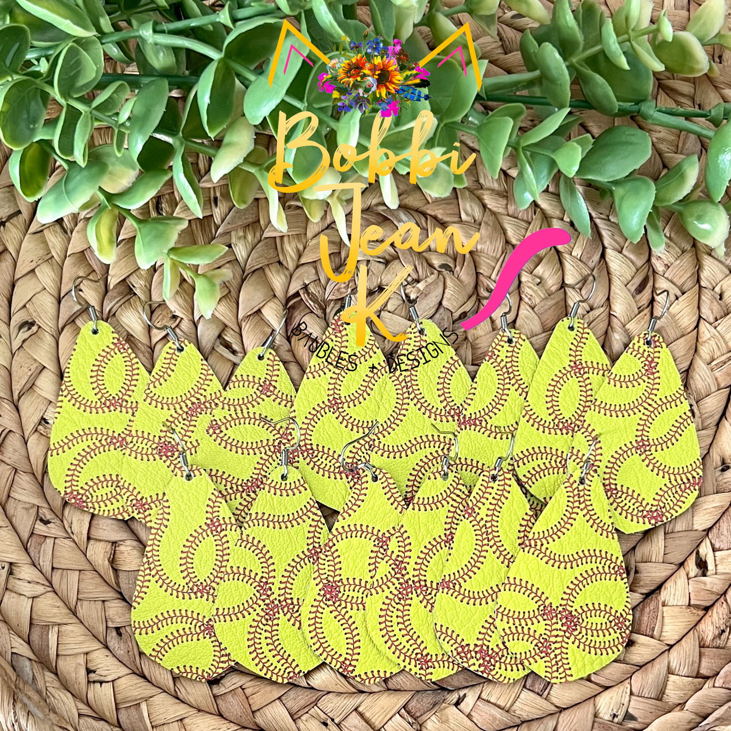 SALE: Softball Pointed Leather Teardrop Earrings - LAST CHANCE