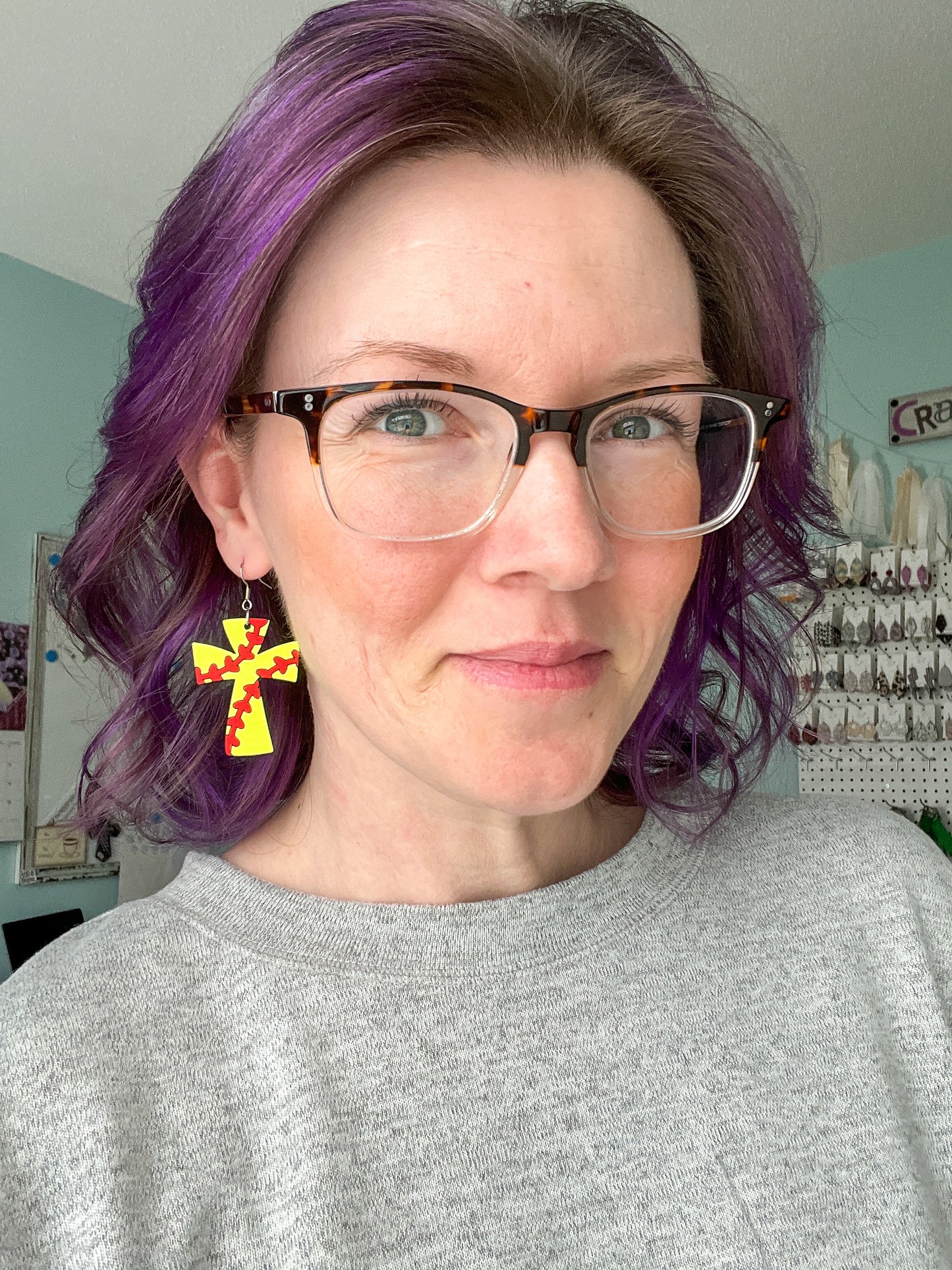 SALE: Hand Painted Softball Cross Wood Earrings - ONLY ONE LEFT