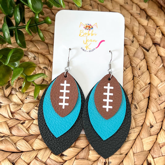 SALE: Turquoise & Black Layered Leaf Football Leather Earrings - ONLY 2 LEFT