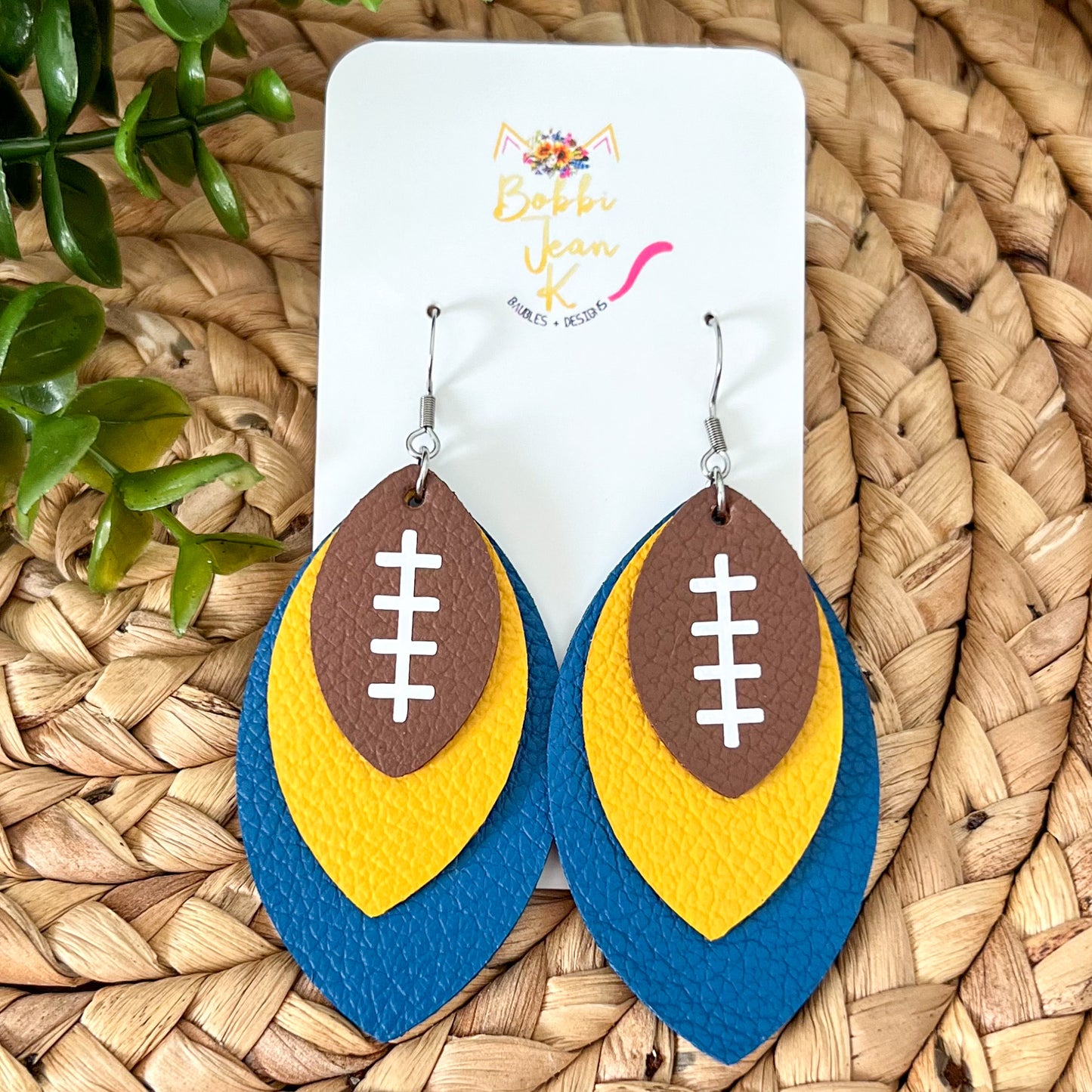 SALE: Yellow & Blue Layered Leaf Football Leather Earrings - ONLY ONE LEFT