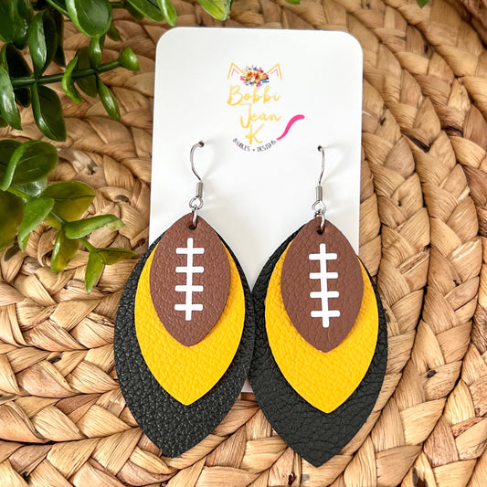 Yellow & Black Layered Leaf Football Leather Earrings