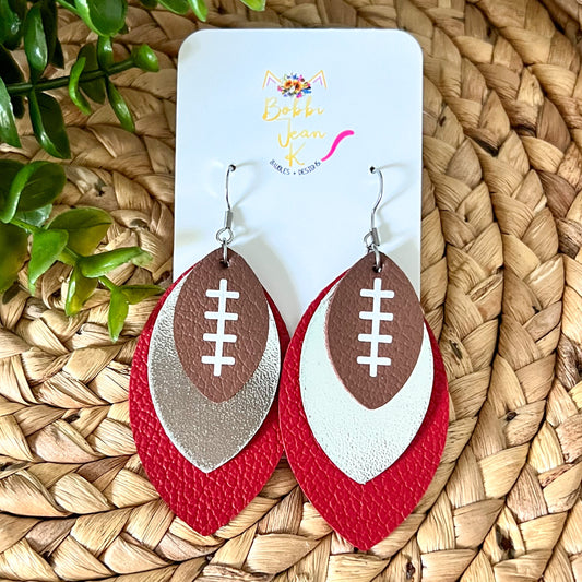 Metallic Silver & Red Layered Leaf Football Leather Earrings