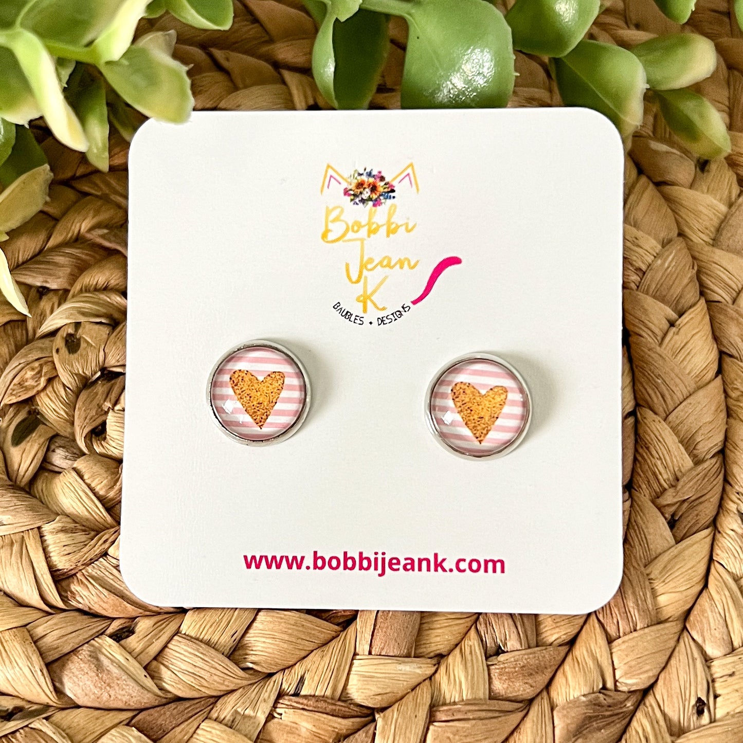 SALE: Gold Heart & Pink Striped Glass Studs 12mm: Choose Silver or Gold Settings - LAST CHANCE
