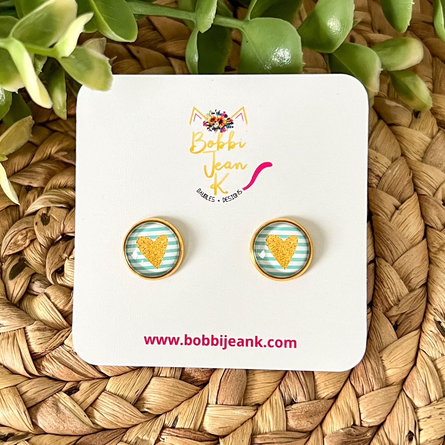 SALE: Gold Heart & Teal Striped Glass Studs 12mm: Choose Silver or Gold Settings - LAST CHANCE