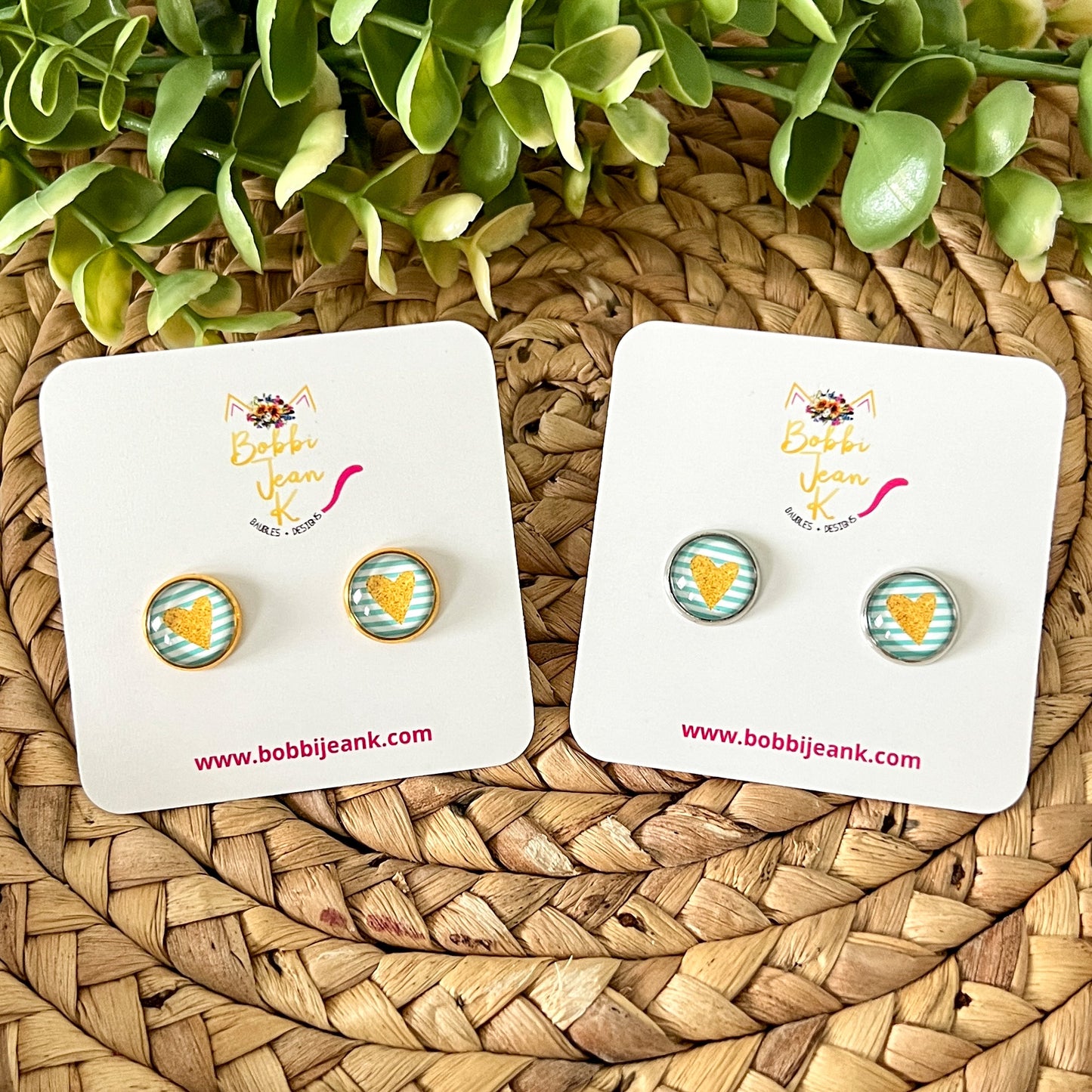 SALE: Gold Heart & Teal Striped Glass Studs 12mm: Choose Silver or Gold Settings - LAST CHANCE