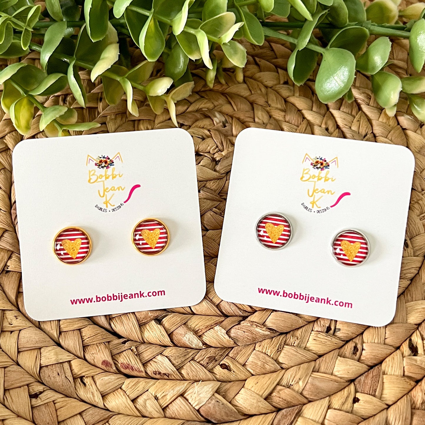 SALE: Gold Heart & Red Striped Glass Studs 12mm: Choose Silver or Gold Settings - LAST CHANCE