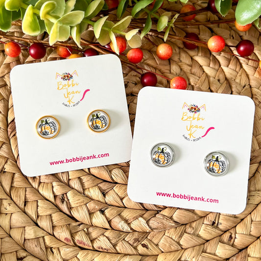Sunflower Pumpkin Glass Studs 12mm: OPEN ITEM TO CHOOSE SILVER OR GOLD SETTINGS