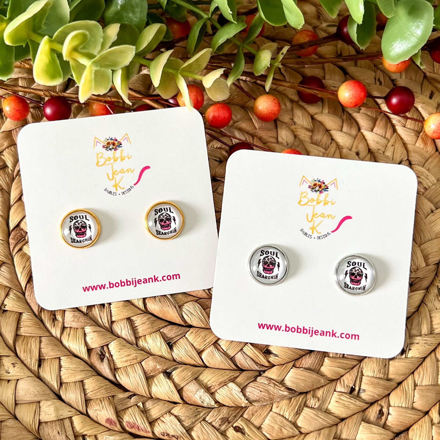 SALE: Soul Searchin' Skull Glass Studs 12mm: Choose Silver or Gold Settings - LAST CHANCE