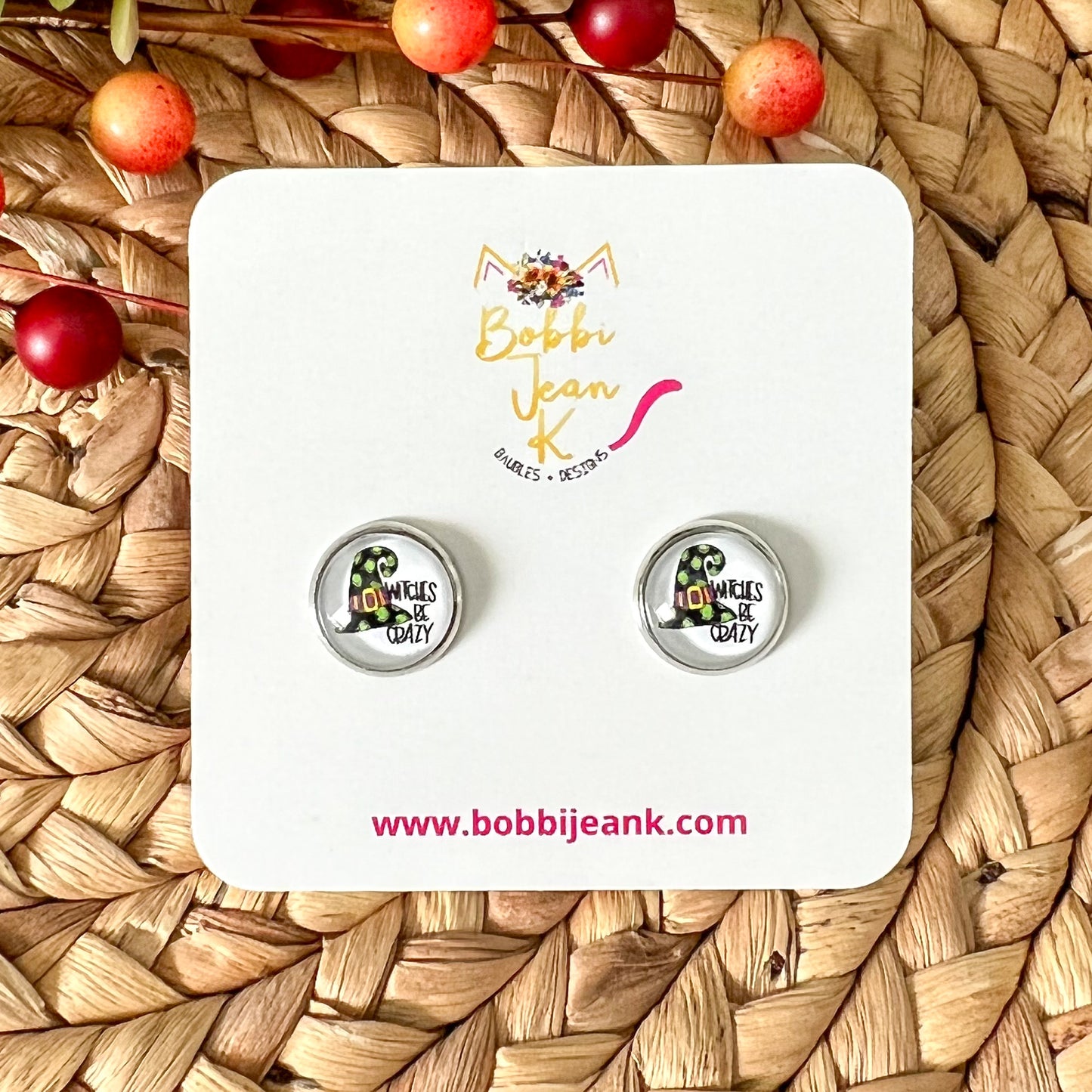 SALE: Witches Be Crazy Glass Studs 12mm: Choose Silver or Gold Settings - LAST CHANCE