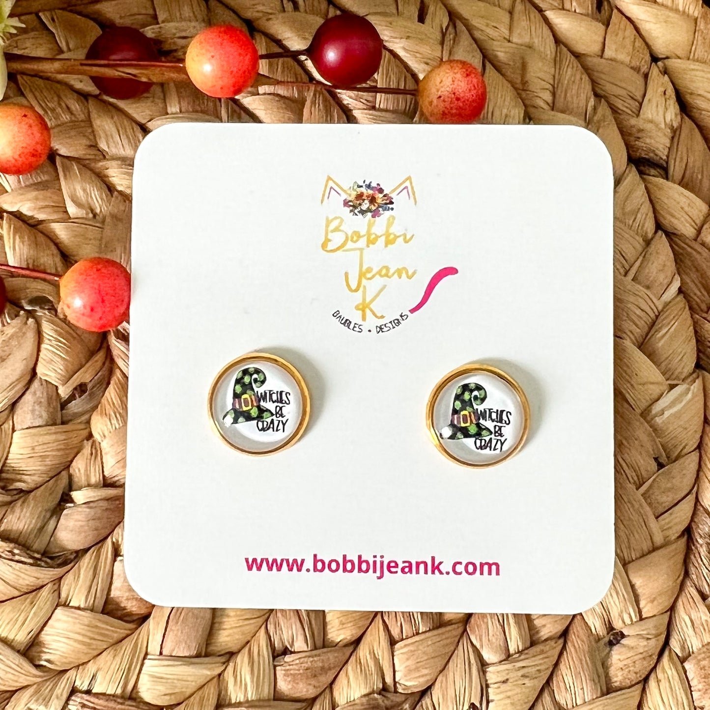 SALE: Witches Be Crazy Glass Studs 12mm: Choose Silver or Gold Settings - LAST CHANCE