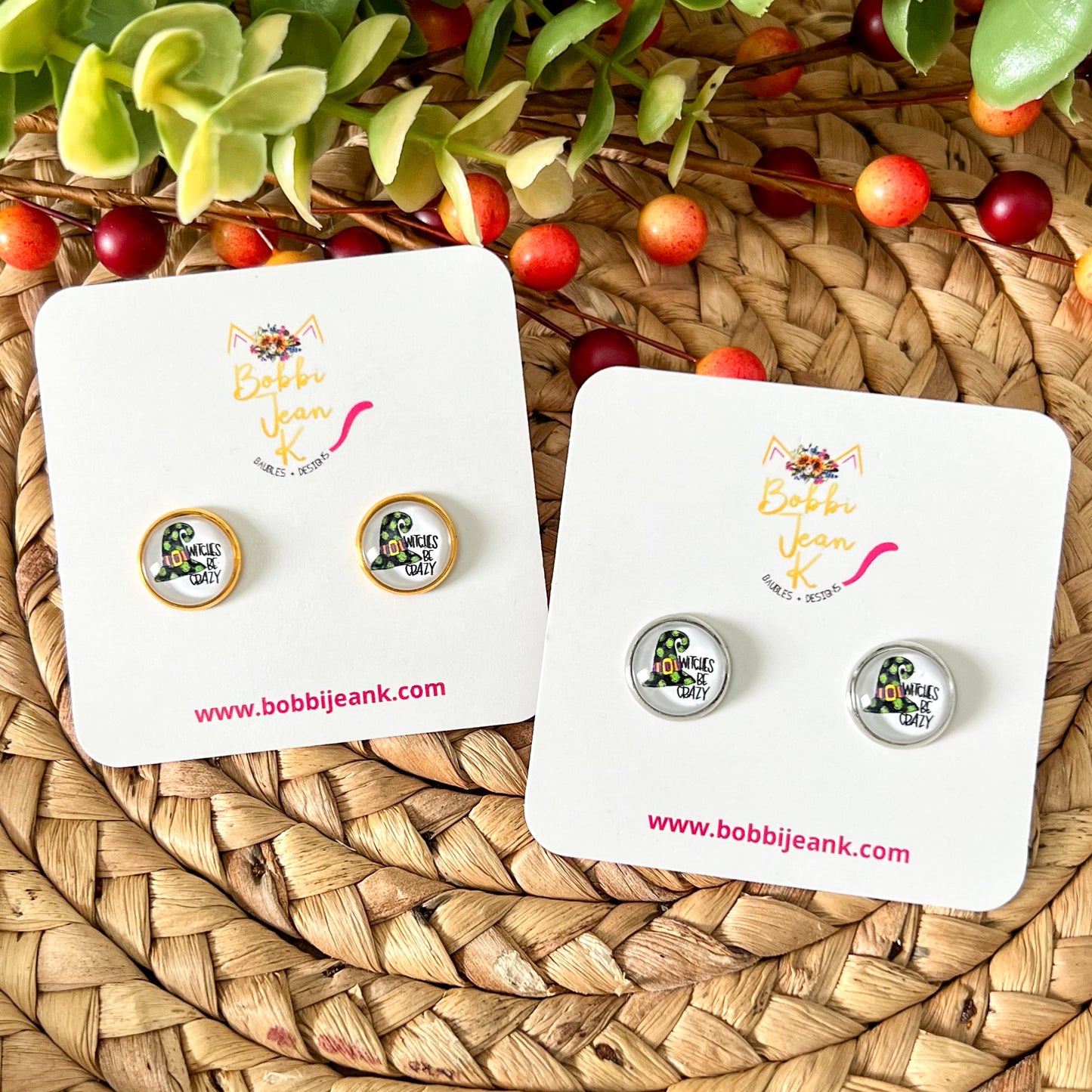 SALE: Witches Be Crazy Glass Studs 12mm: Choose Silver or Gold Settings - LAST CHANCE
