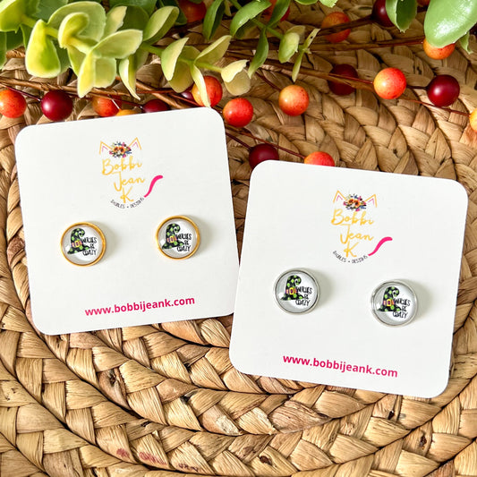Witches Be Crazy Glass Studs 12mm: OPEN ITEM TO CHOOSE SILVER OR GOLD SETTINGS