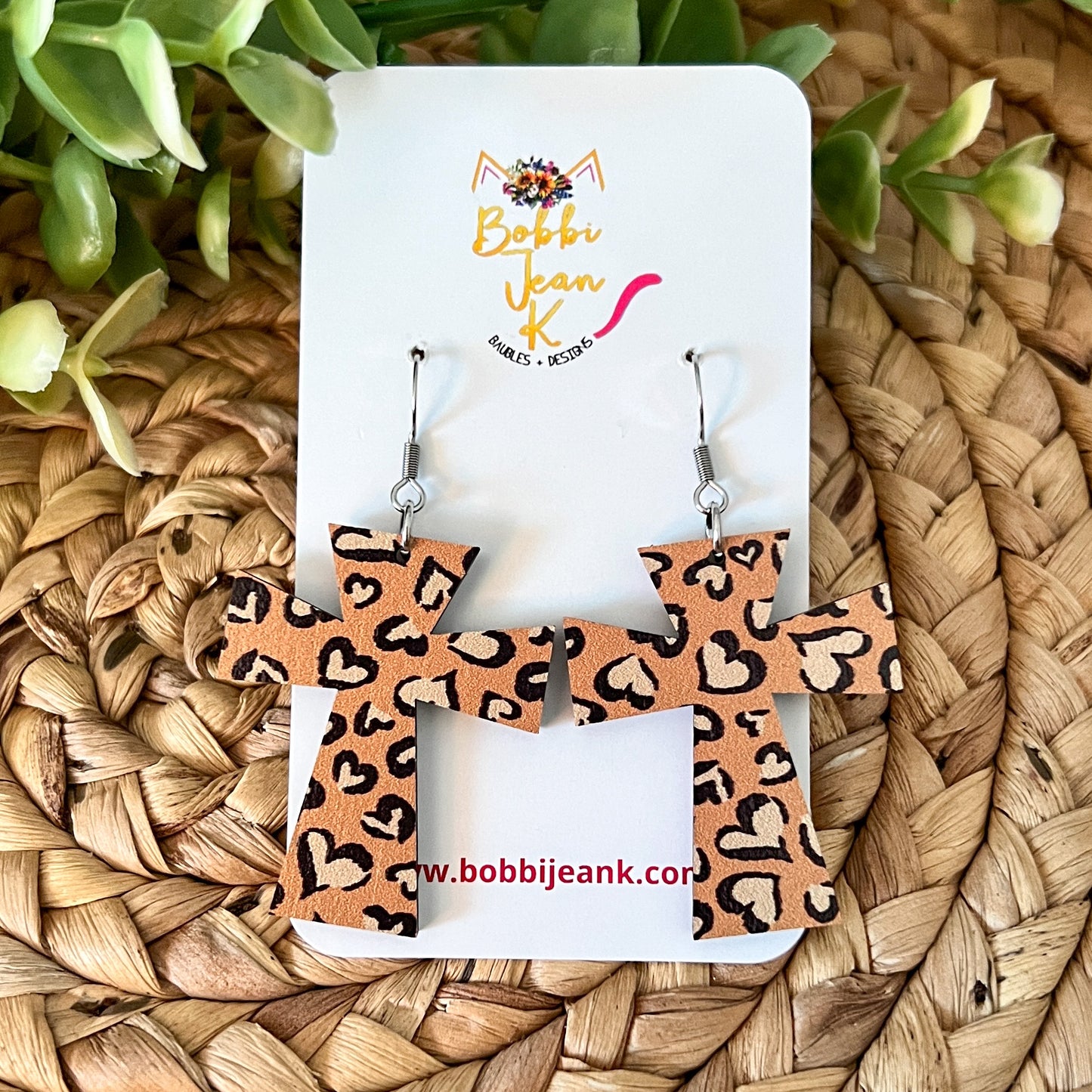 Leopard Heart Print Wood Cross Earrings & Heart Studs