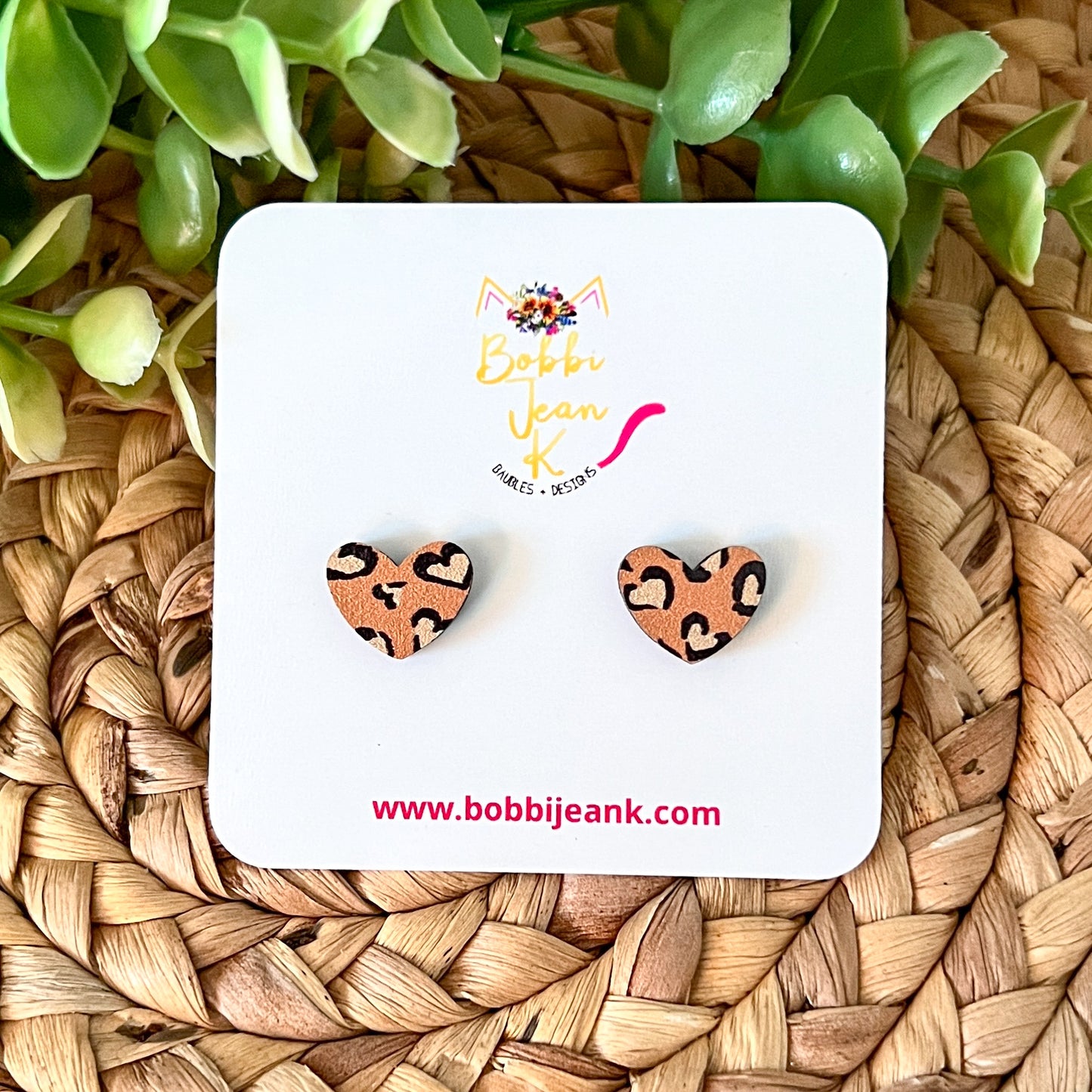 Leopard Heart Print Wood Cross Earrings & Heart Studs
