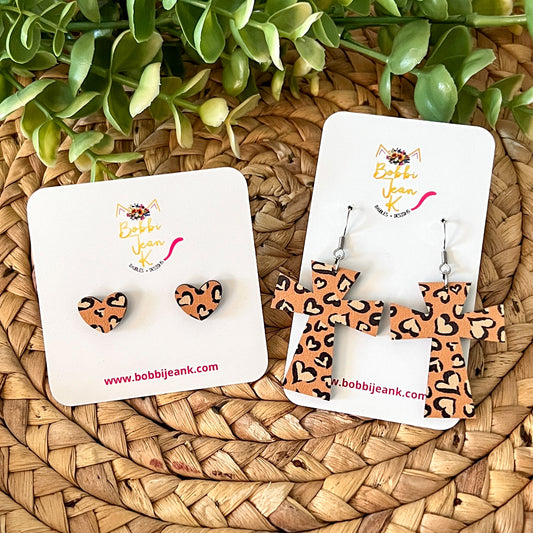 Leopard Heart Print Wood Cross Earrings & Heart Studs