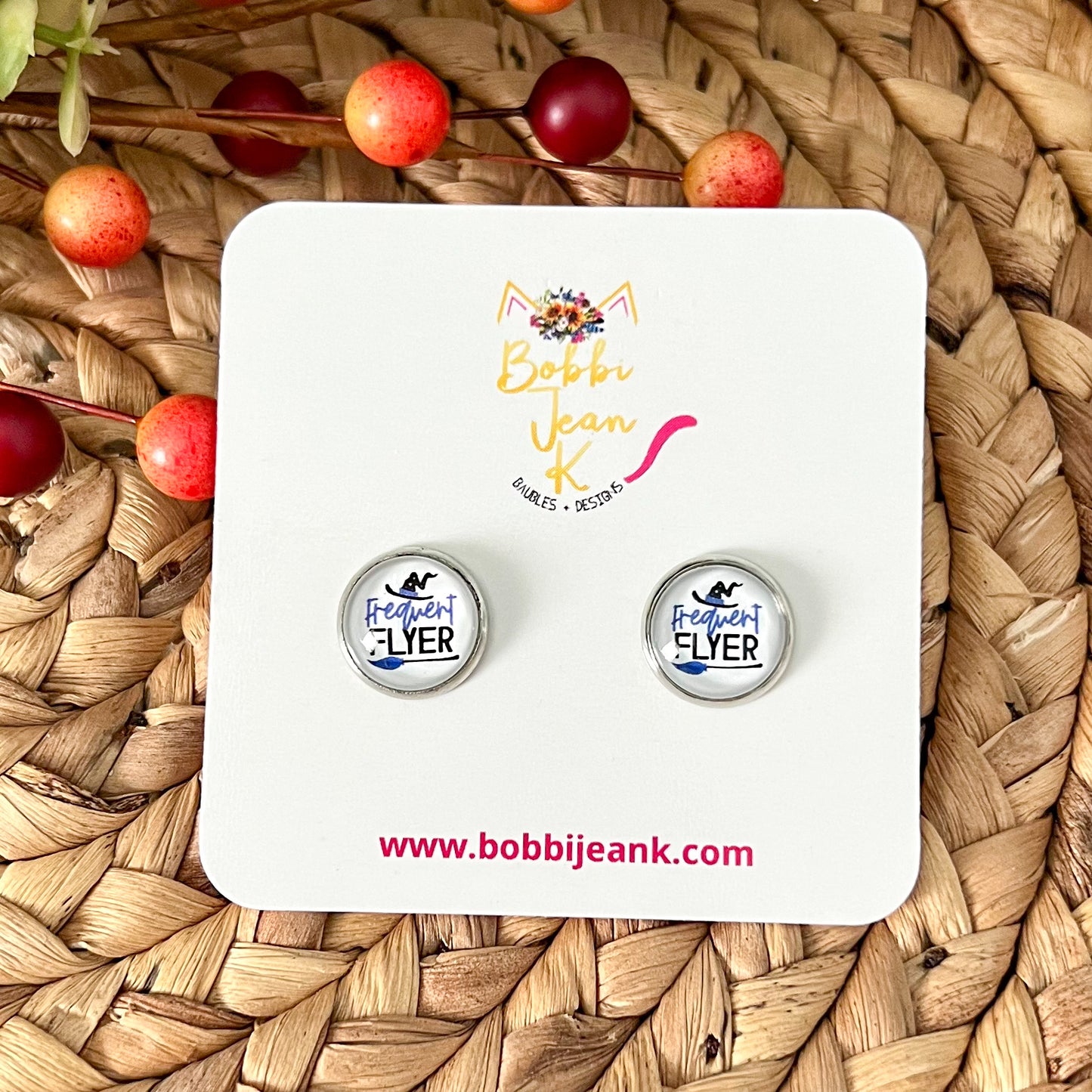 SALE: Frequent Flyer Glass Studs 12mm: Choose Silver or Gold Settings - ONLY 2 LEFT