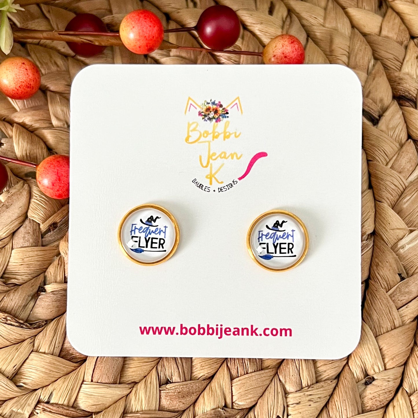 SALE: Frequent Flyer Glass Studs 12mm: Choose Silver or Gold Settings - ONLY 2 LEFT