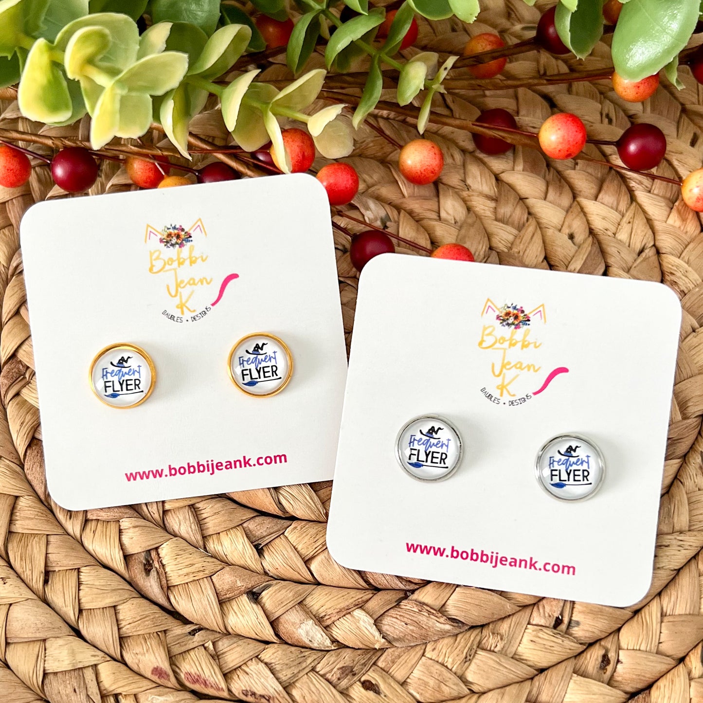SALE: Frequent Flyer Glass Studs 12mm: Choose Silver or Gold Settings - ONLY 2 LEFT