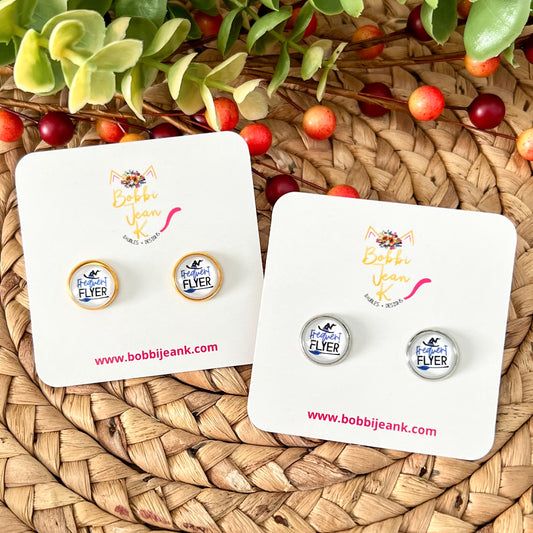 Frequent Flyer Glass Studs 12mm: OPEN ITEM TO CHOOSE SILVER OR GOLD SETTINGS
