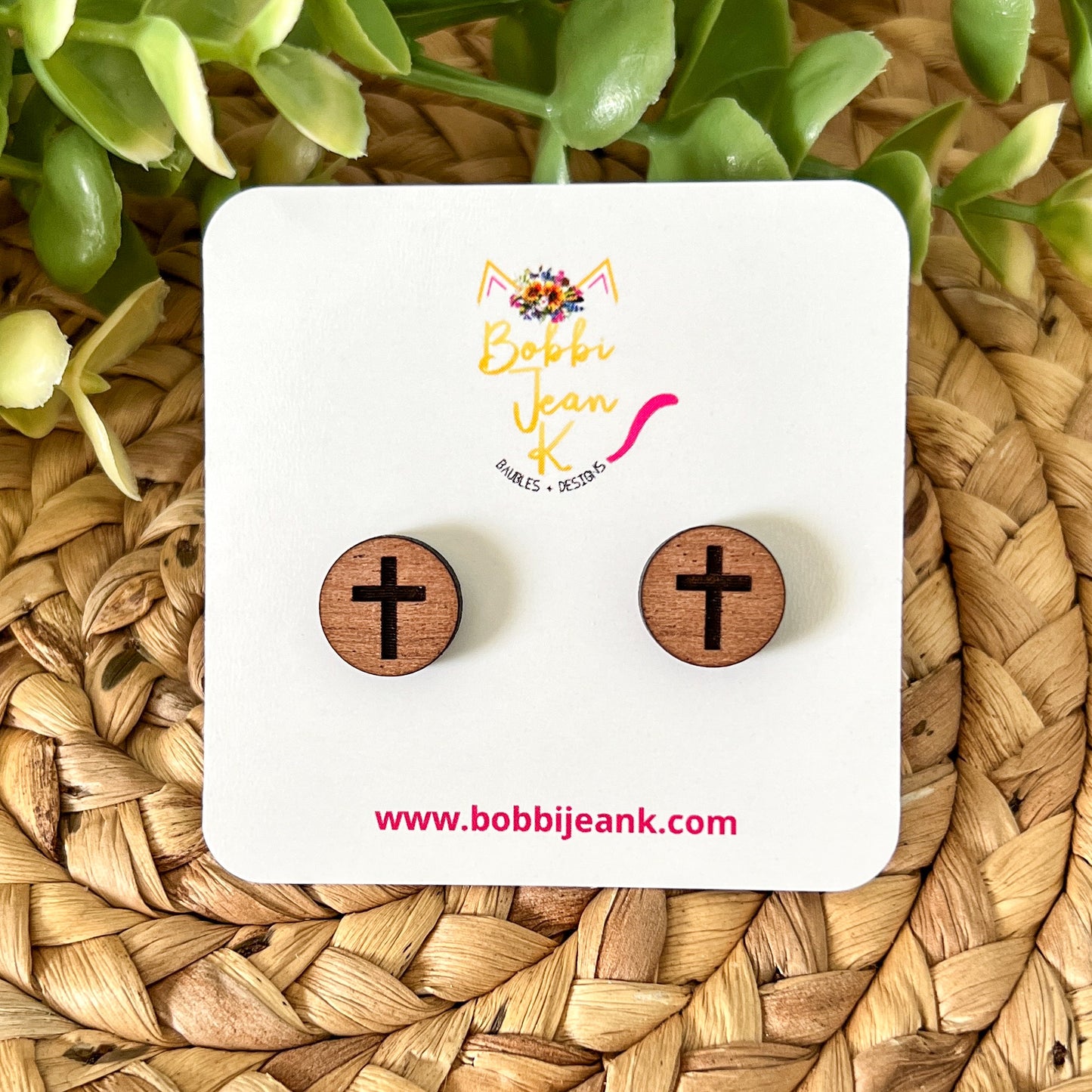 Engraved Cross Wood Studs: Choose From 3 Wood Options