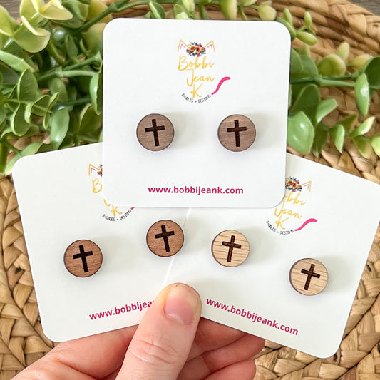 Engraved Cross Wood Studs: Choose From 3 Wood Options