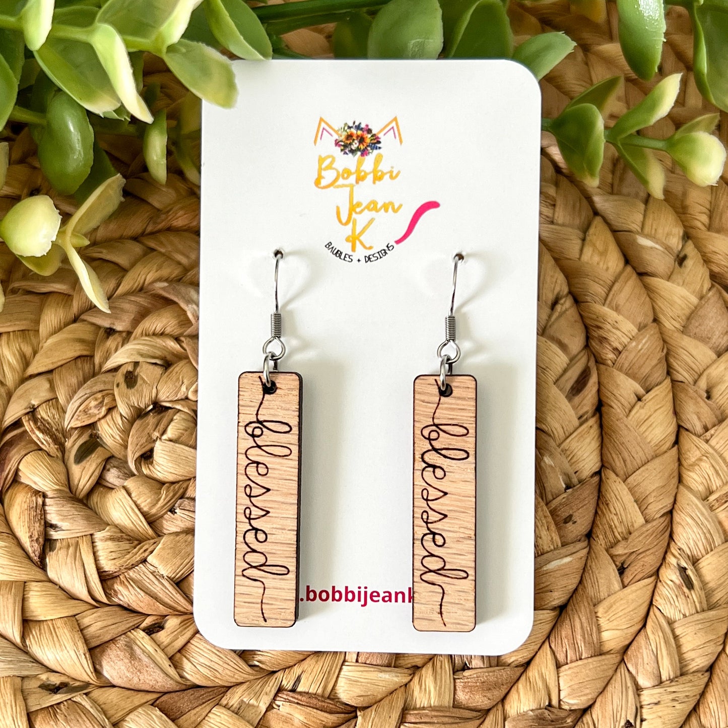 Red Oak Wood Bar Earrings: Choose From Blessed, Faith, Hope, or Strength