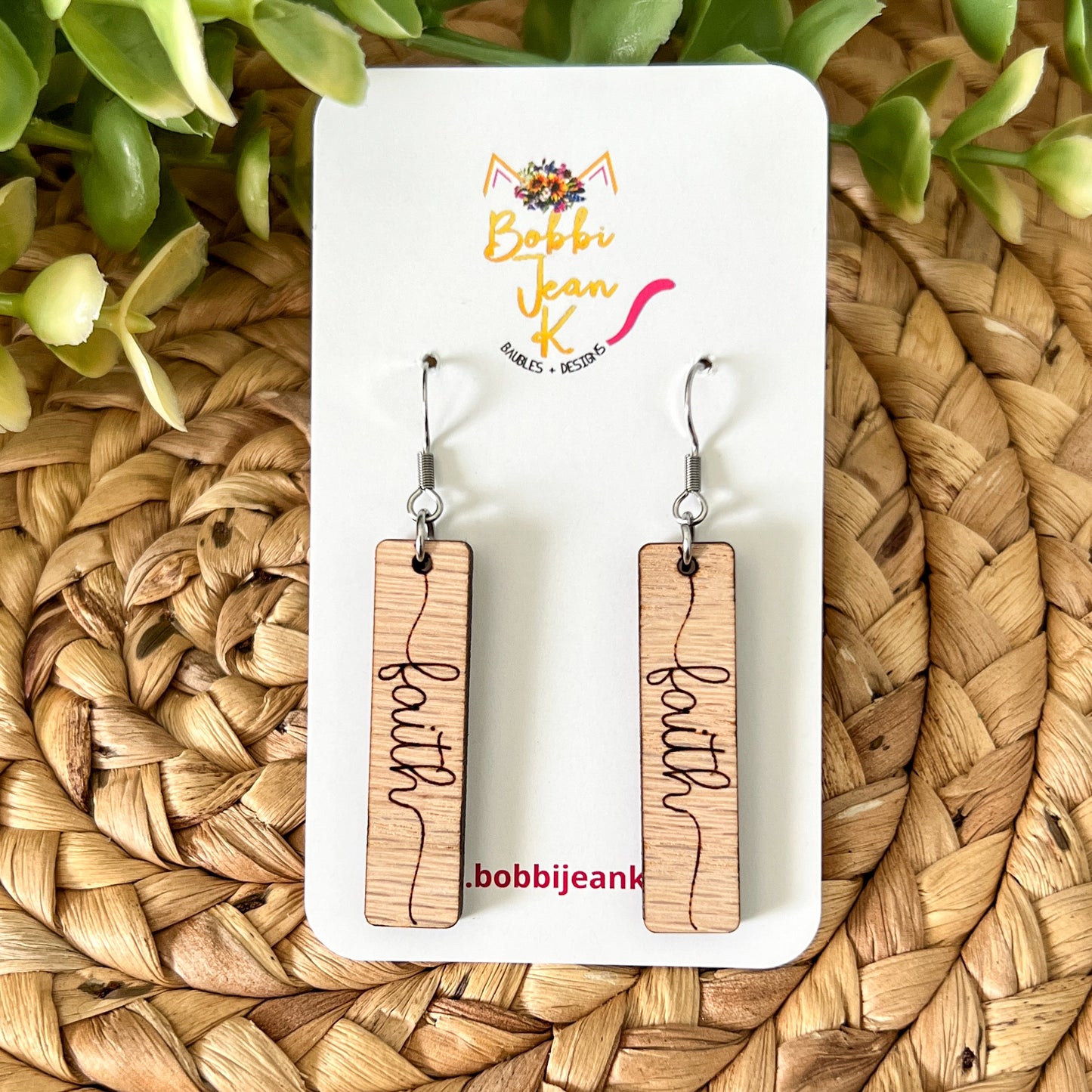 Red Oak Wood Bar Earrings: Choose From Blessed, Faith, Hope, or Strength