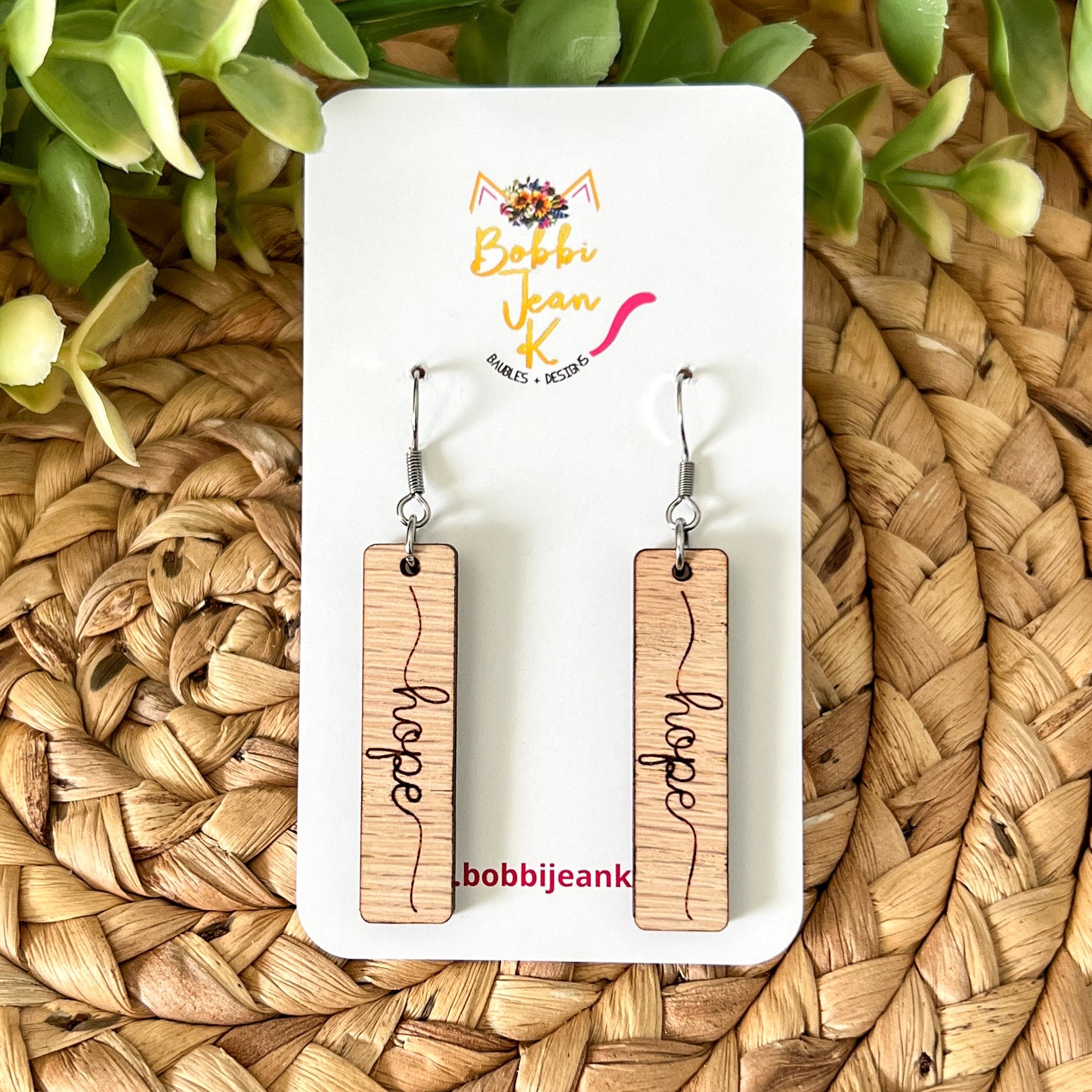 Red Oak Wood Bar Earrings: Choose From Blessed, Faith, Hope, or Strength
