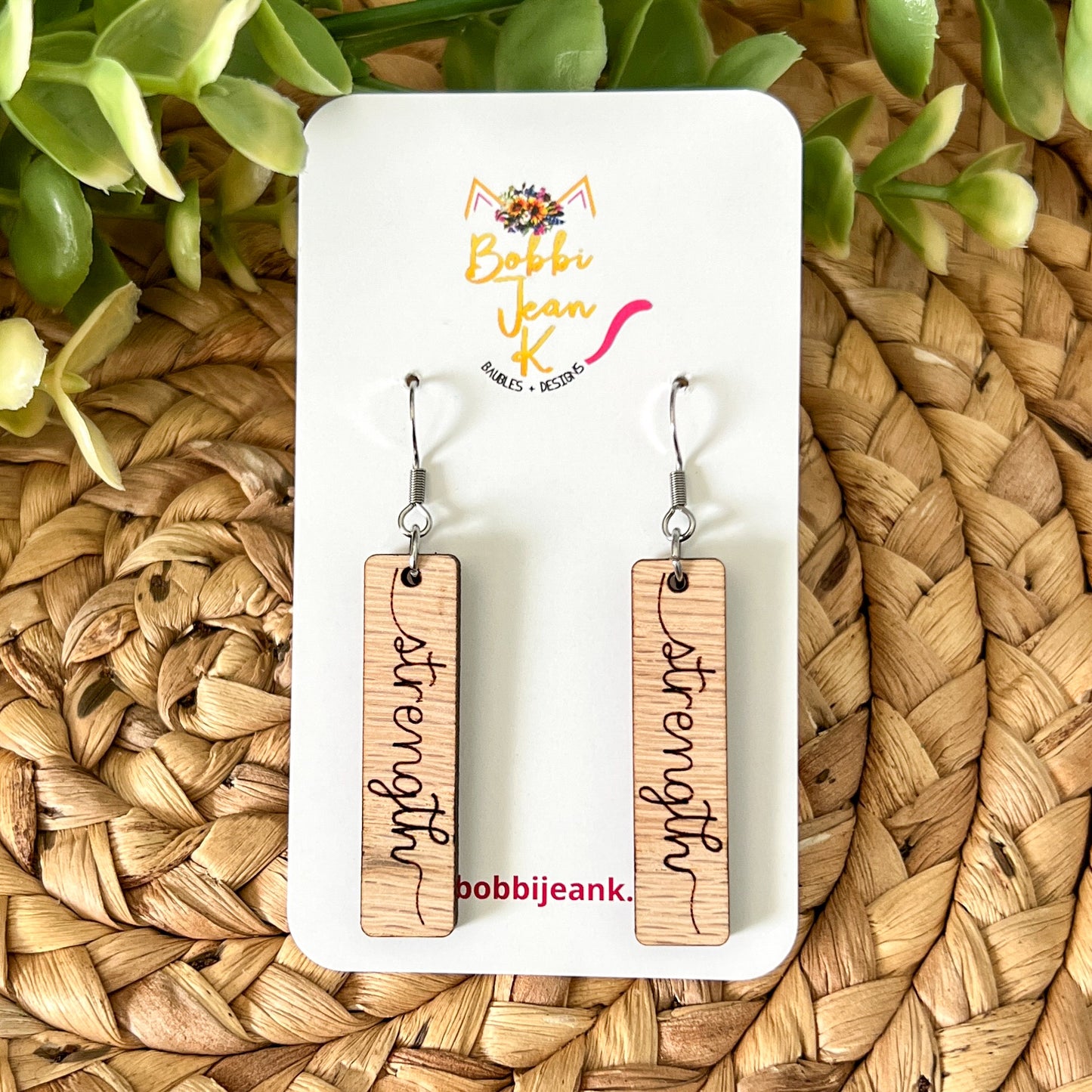 Red Oak Wood Bar Earrings: Choose From Blessed, Faith, Hope, or Strength