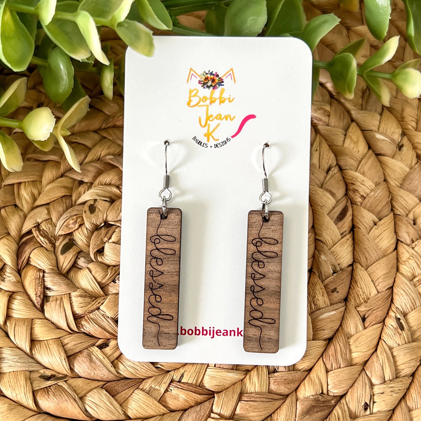Walnut Wood Bar Earrings: Choose From Blessed, Faith, Hope, or Strength