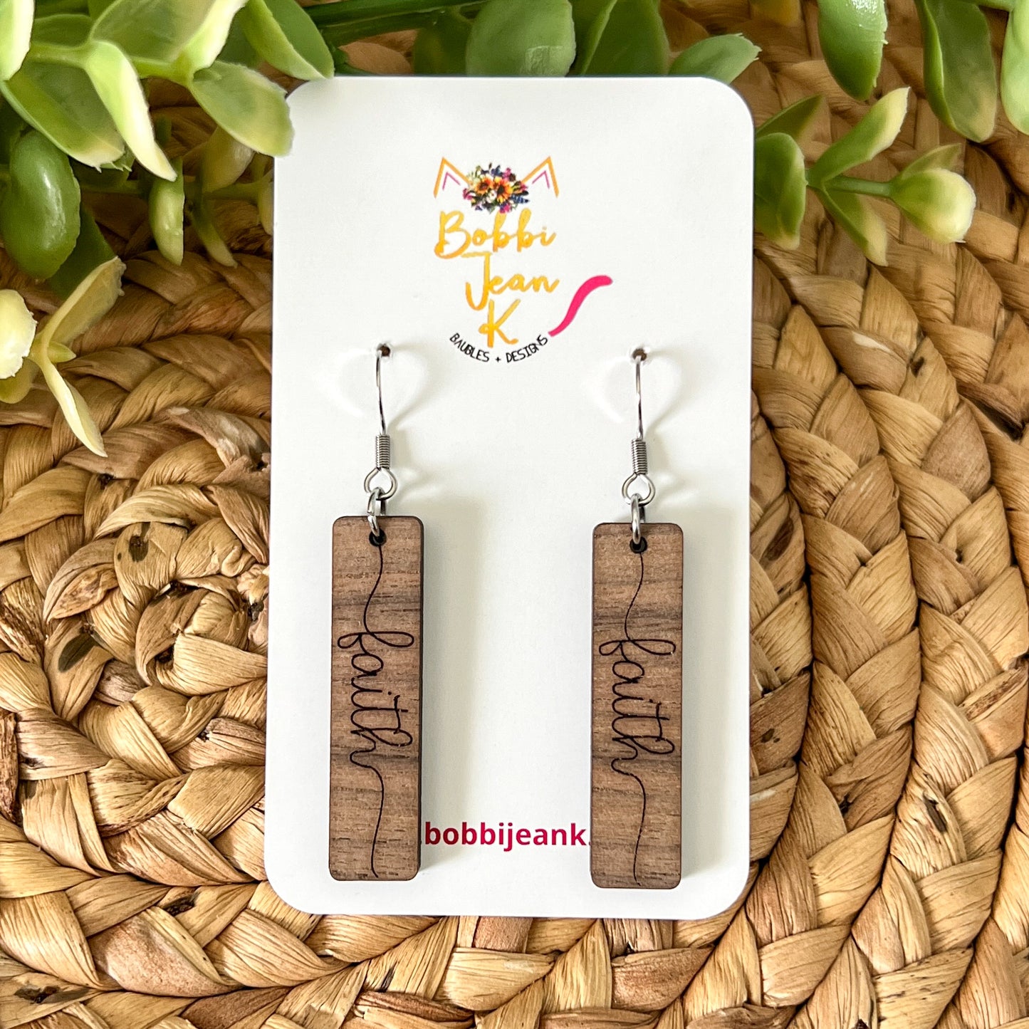 Walnut Wood Bar Earrings: Choose From Blessed, Faith, Hope, or Strength