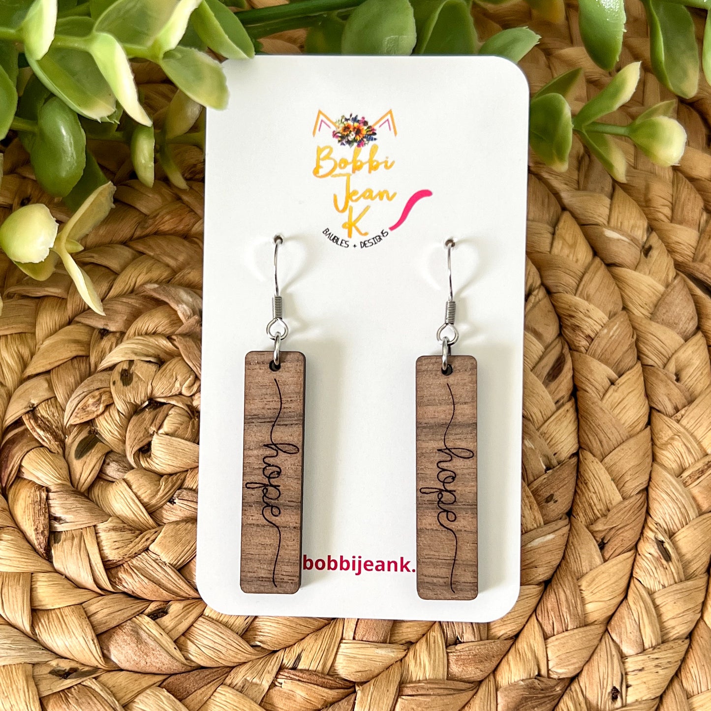 Walnut Wood Bar Earrings: Choose From Blessed, Faith, Hope, or Strength