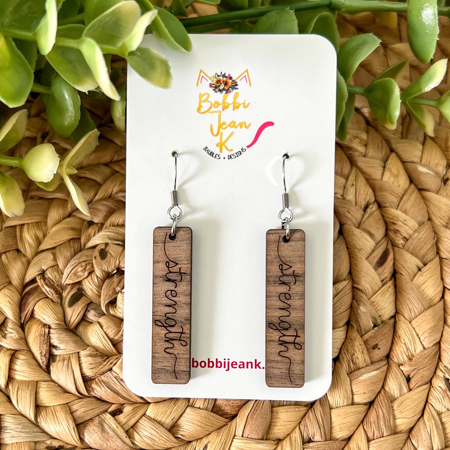 Walnut Wood Bar Earrings: Choose From Blessed, Faith, Hope, or Strength