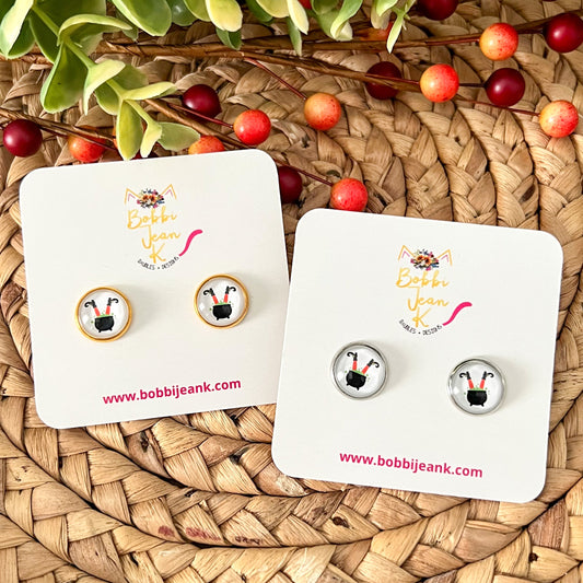 Witch Legs & Cauldron Glass Studs 12mm: OPEN ITEM TO CHOOSE SILVER OR GOLD SETTINGS