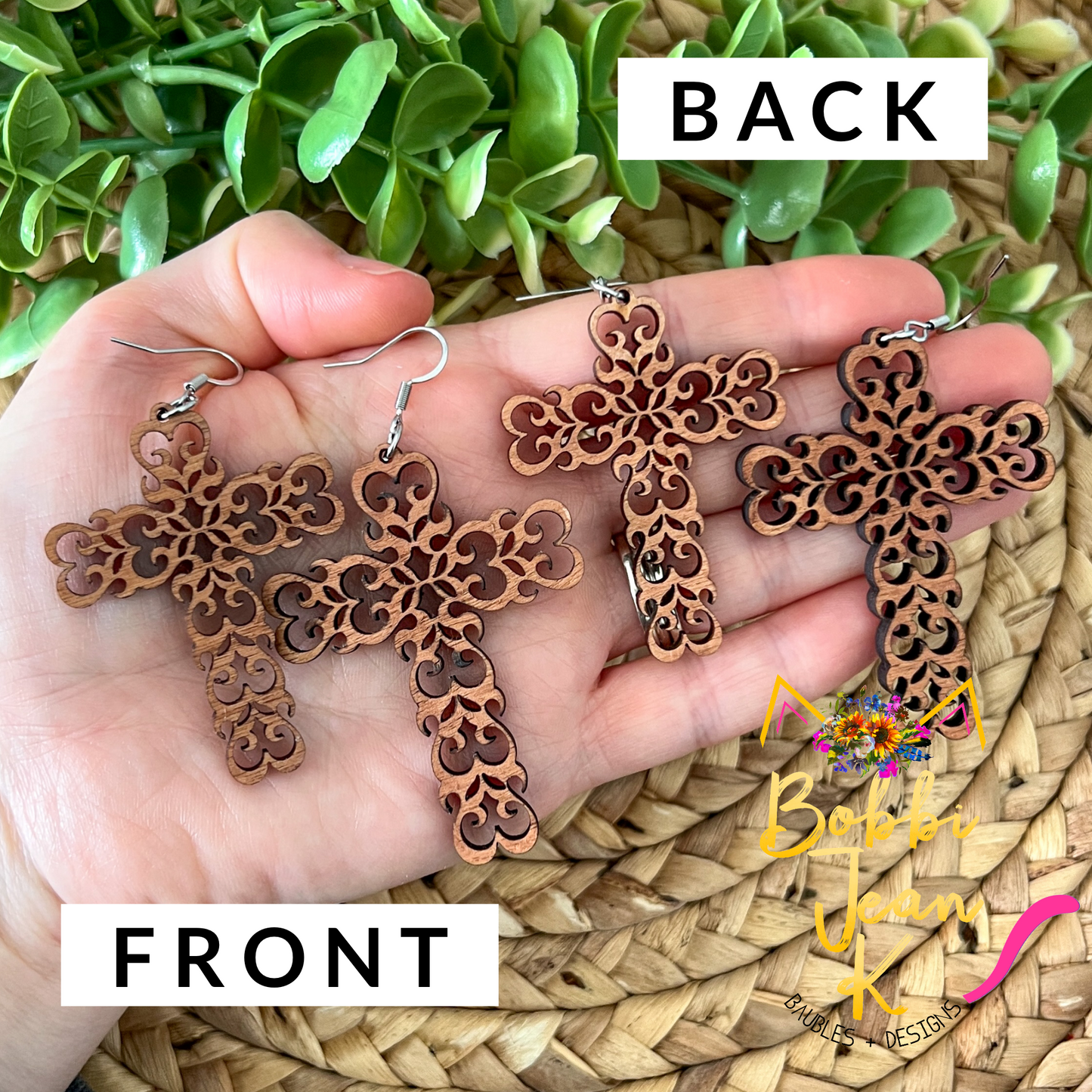 Maple Stained Intricate Wood Cross Earrings - LAST CHANCE